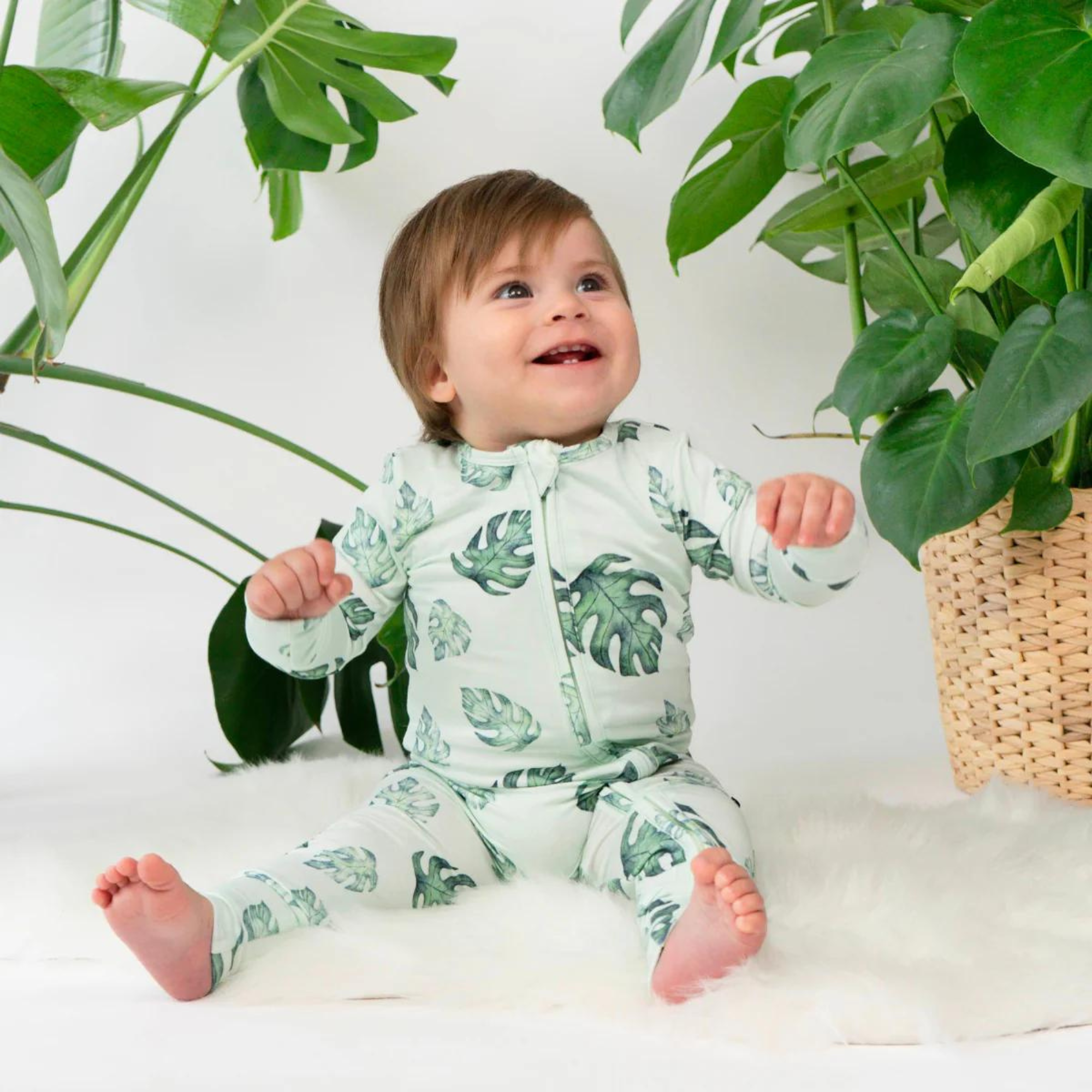 BELAN J Footless Sleeper with Fold-Over Cuffs - Tropical Leaves