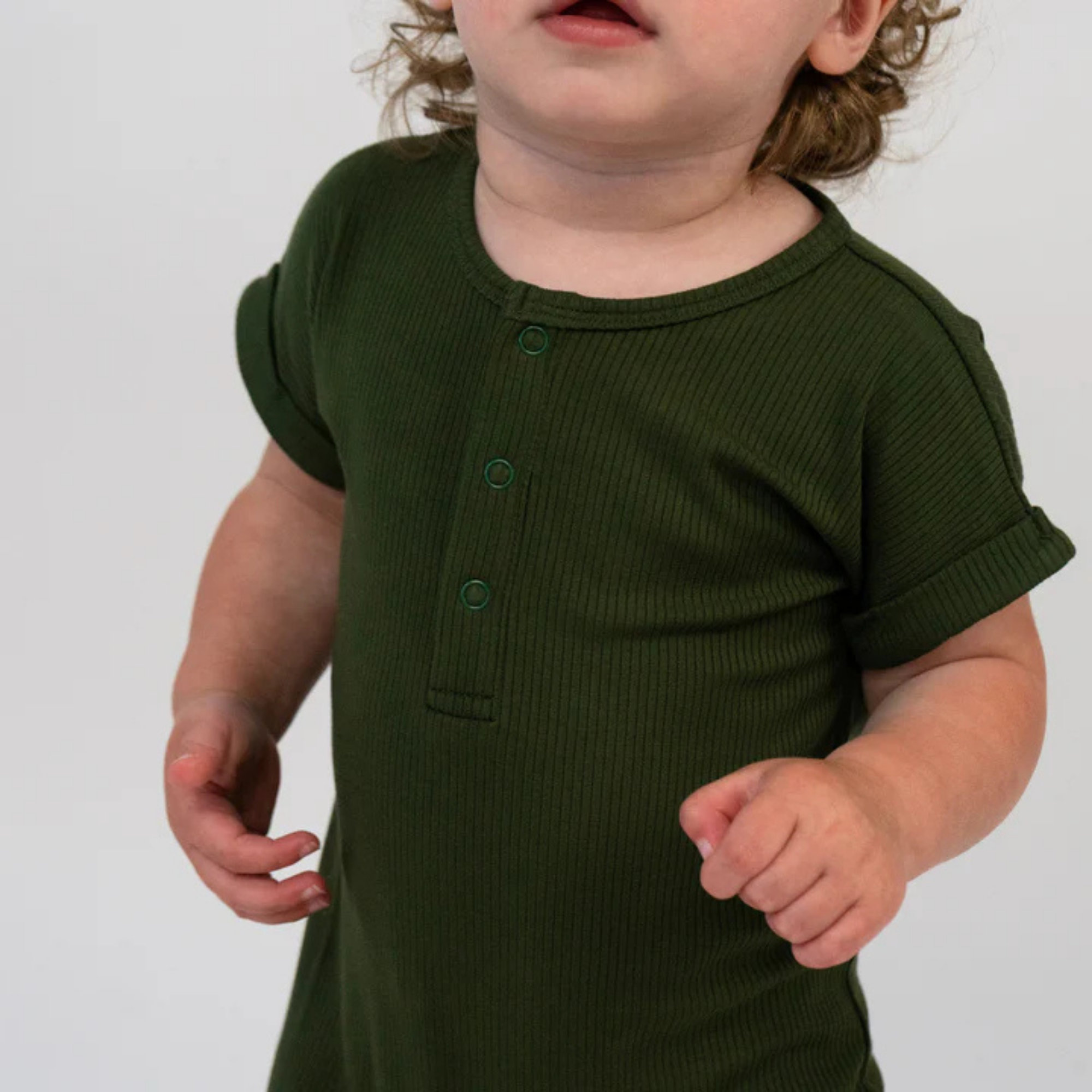 BELAN J Ribbed Bamboo Short Sleeve Shortall Romper - Forest Green