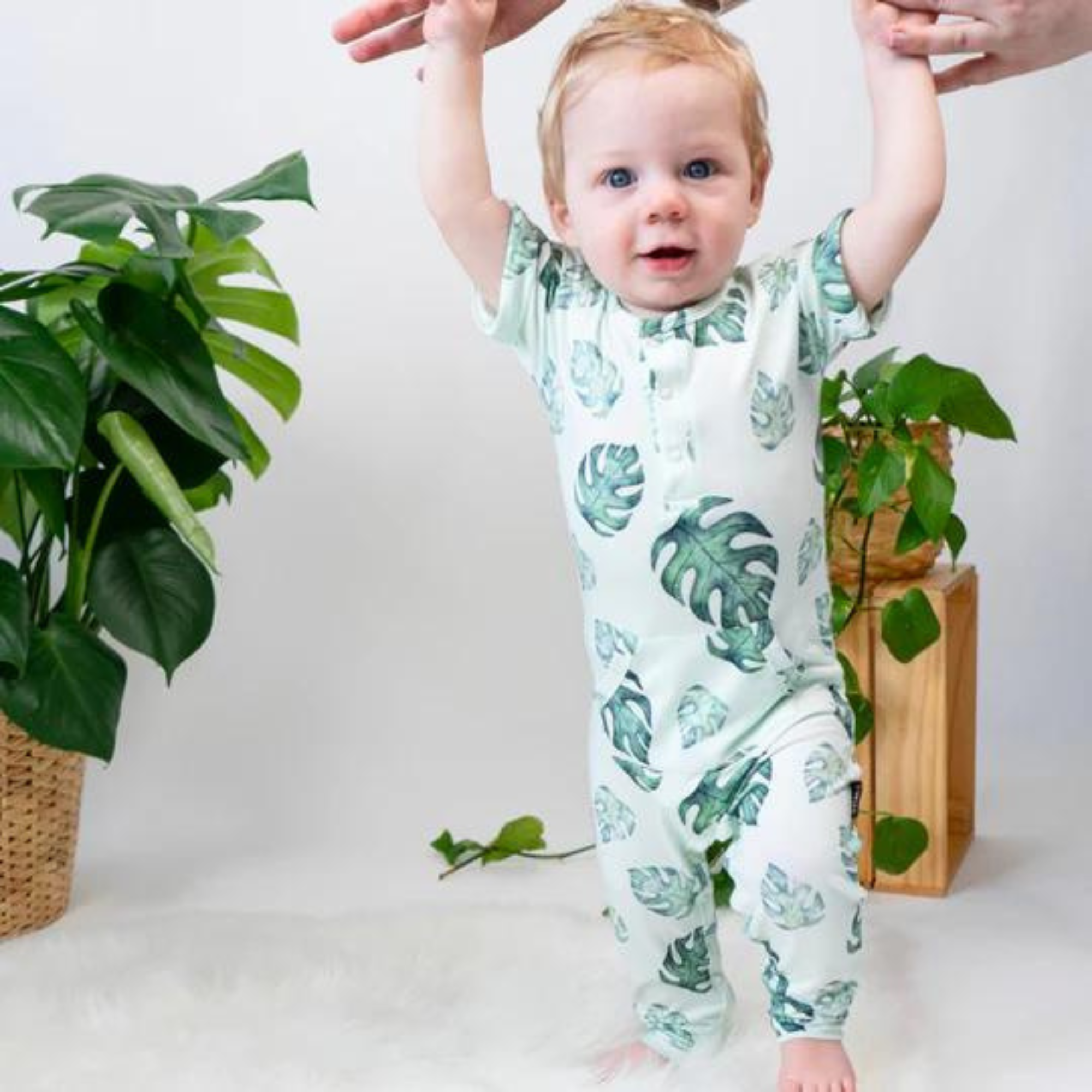 BELAN J Short Sleeve Pocket Romper - Tropical Leaves