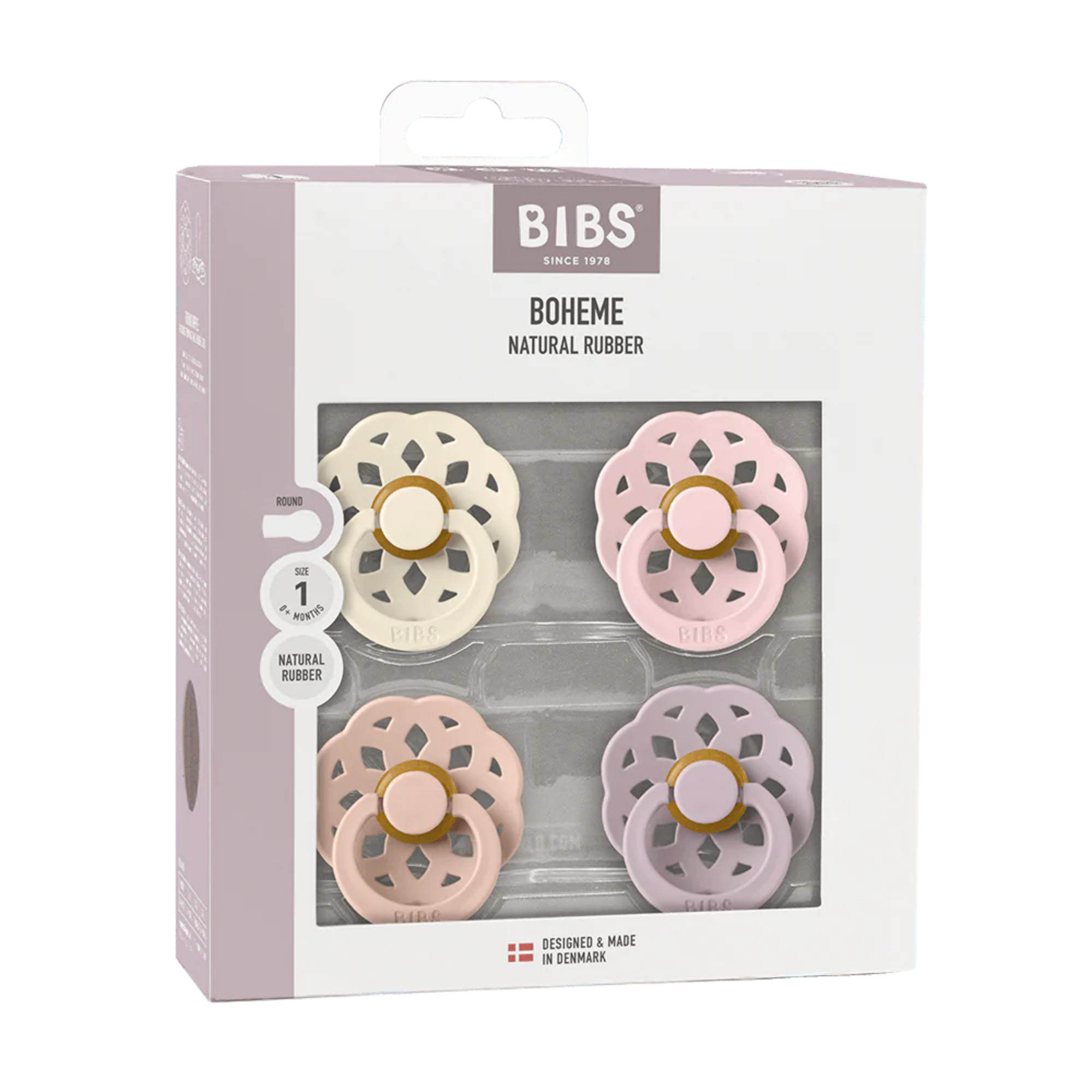 BIBS Pacifier Boheme Latex 4-PK (0-6M) - Ivory/Blush/Blossom/Dusky Lilac