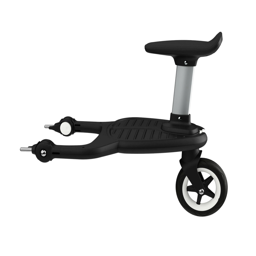 Black stroller ride-on board with small saddle seat and single wheel, shown in side view on white background for product display.