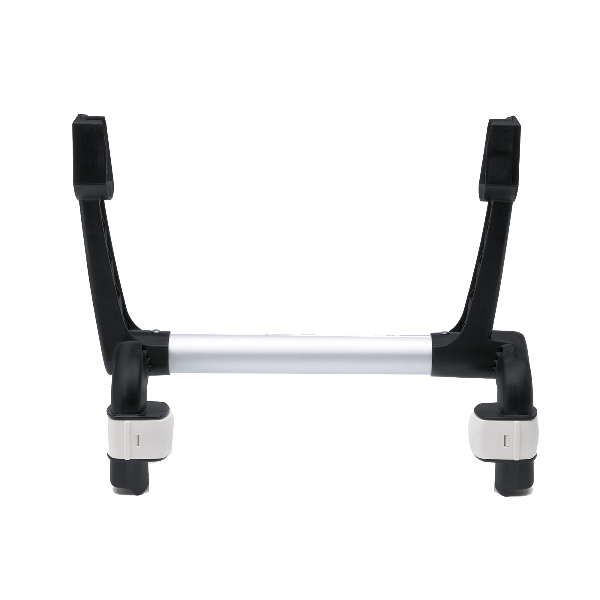 Stroller adapter with black plastic arms and silver metal bar, designed to securely attach an infant car seat to a compatible stroller frame.