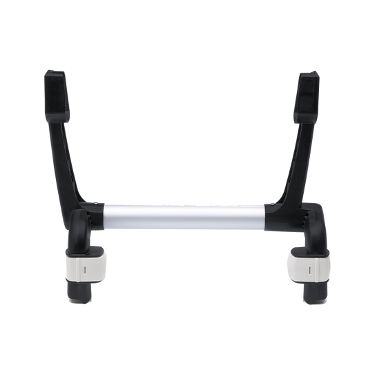 Stroller adapter with black plastic arms and silver metal bar, designed to securely attach an infant car seat to a compatible stroller frame.