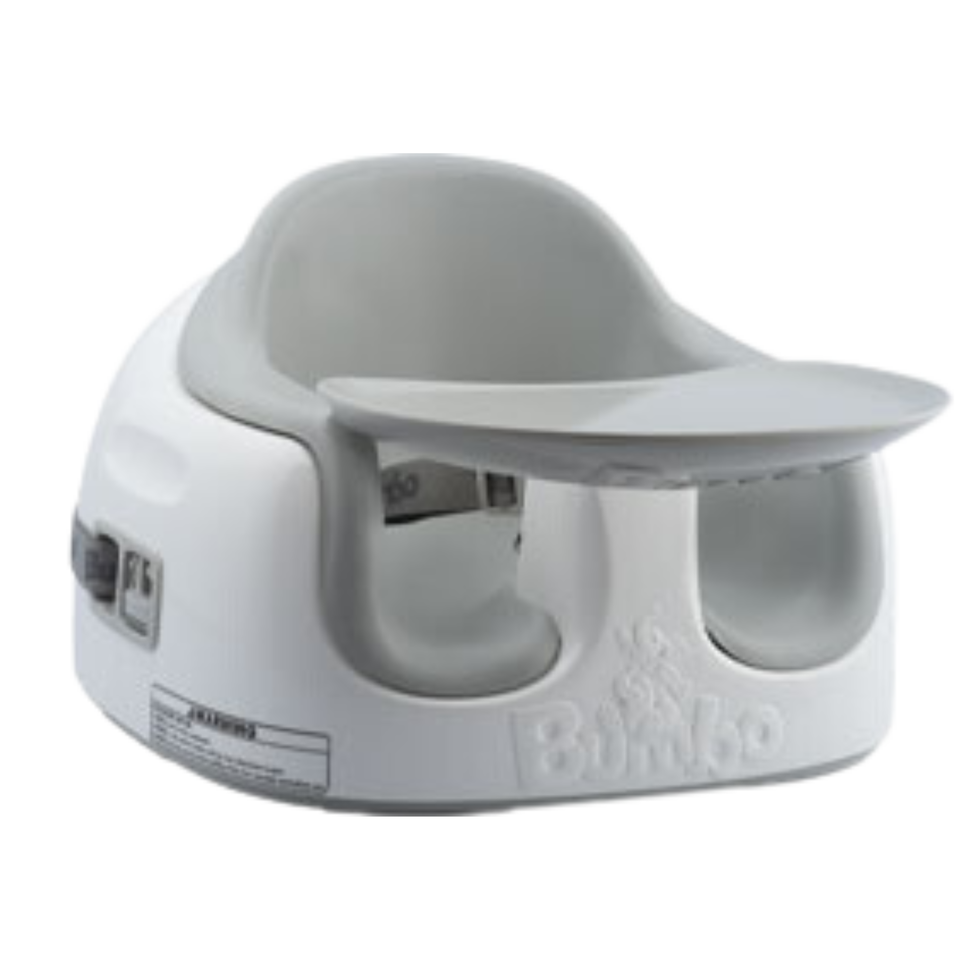 White and gray baby booster seat with detachable tray and supportive backrest, designed for feeding and early sitting stages.