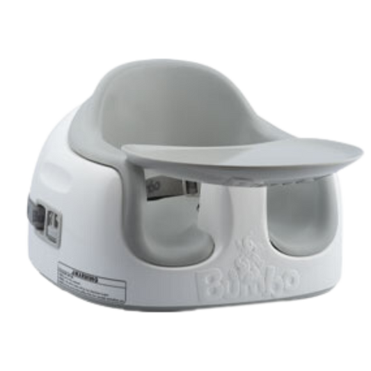 White and gray baby booster seat with detachable tray and supportive backrest, designed for feeding and early sitting stages.