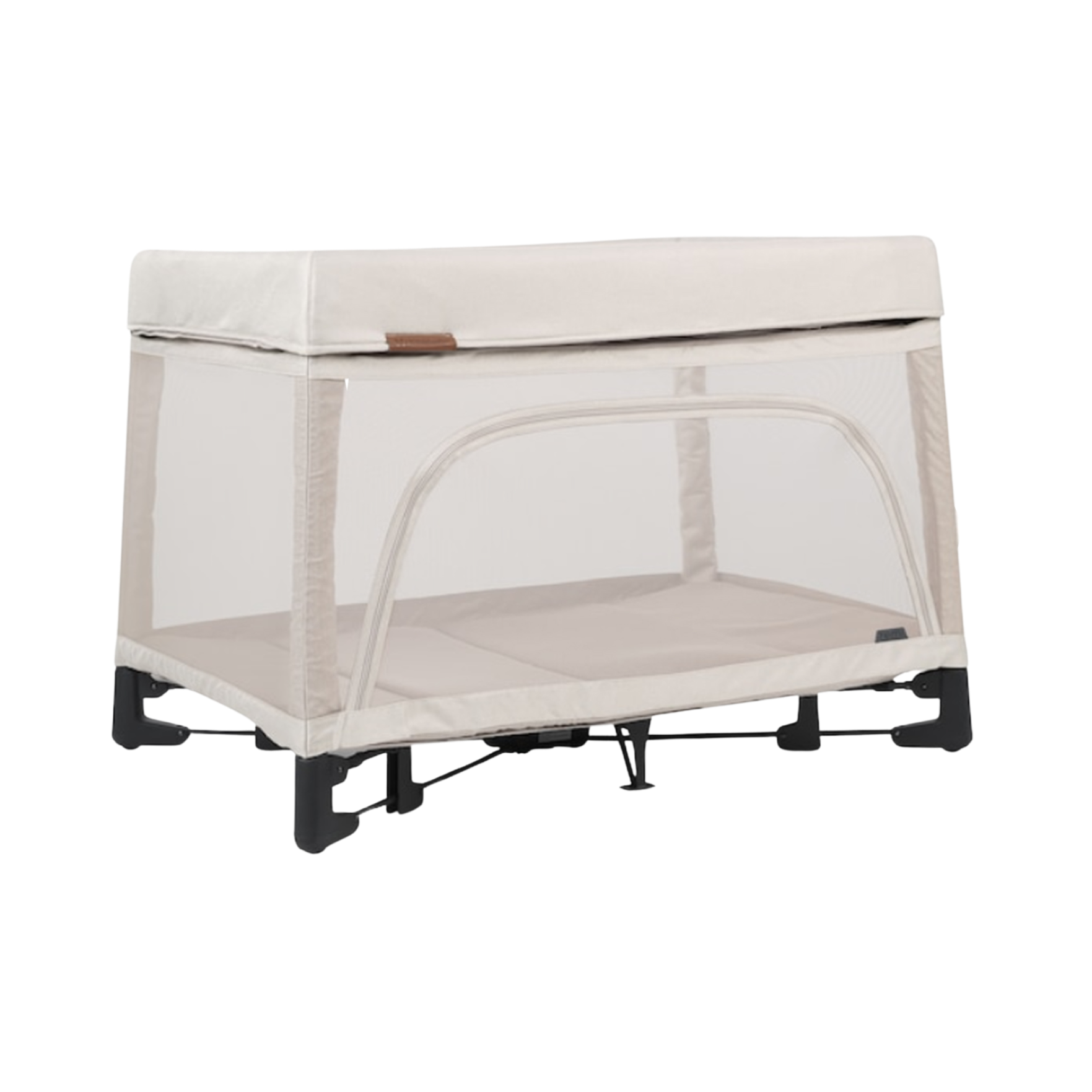 Beige UPPAbaby Remi playard with mesh sides, sturdy frame, and changing station attachment, designed for easy diaper changes and travel.