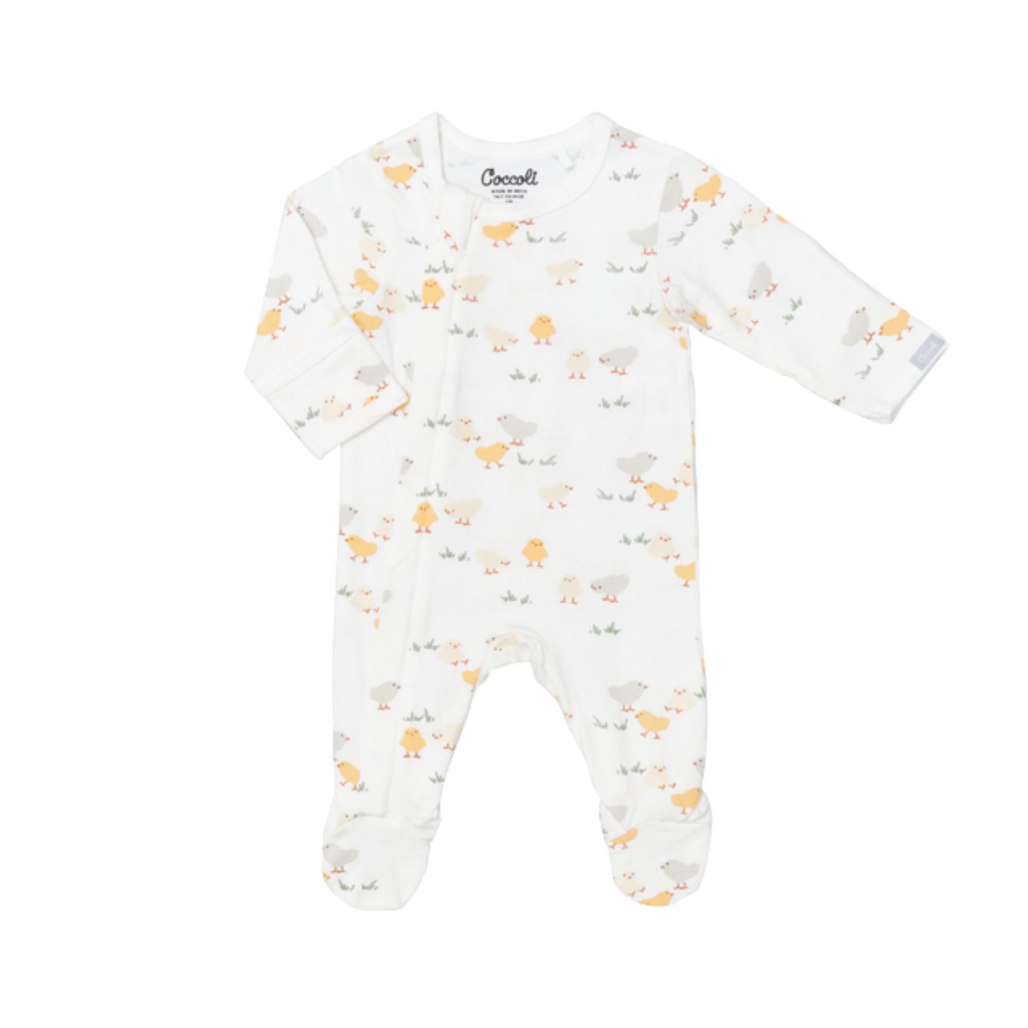 White cotton baby sleeper with long sleeves and footed legs, decorated with soft yellow and gray animal print, designed for newborn comfort.
