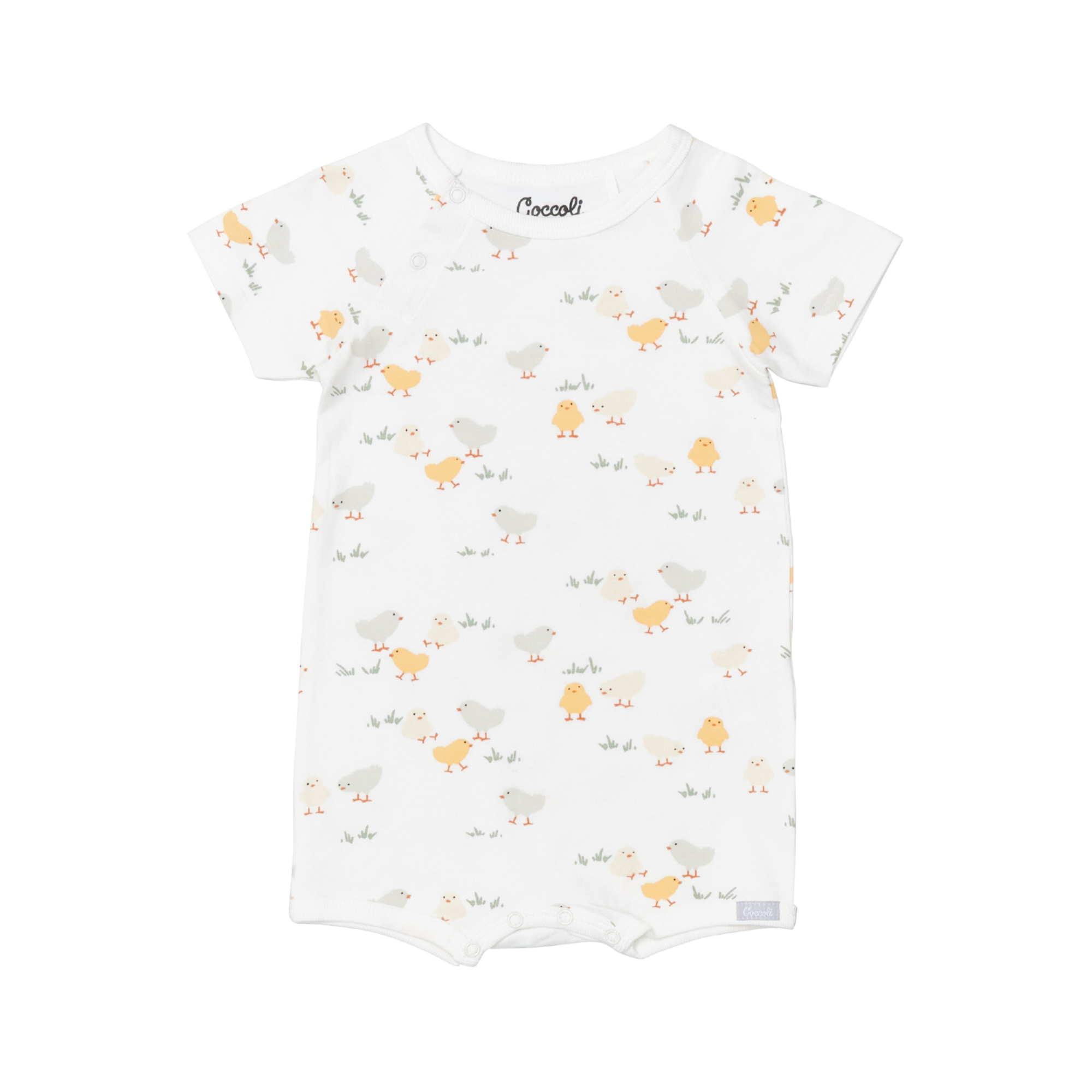 Coccoli infant romper in breathable white modal fabric, short sleeves and playful yellow chick pattern, designed as a soft one-piece.