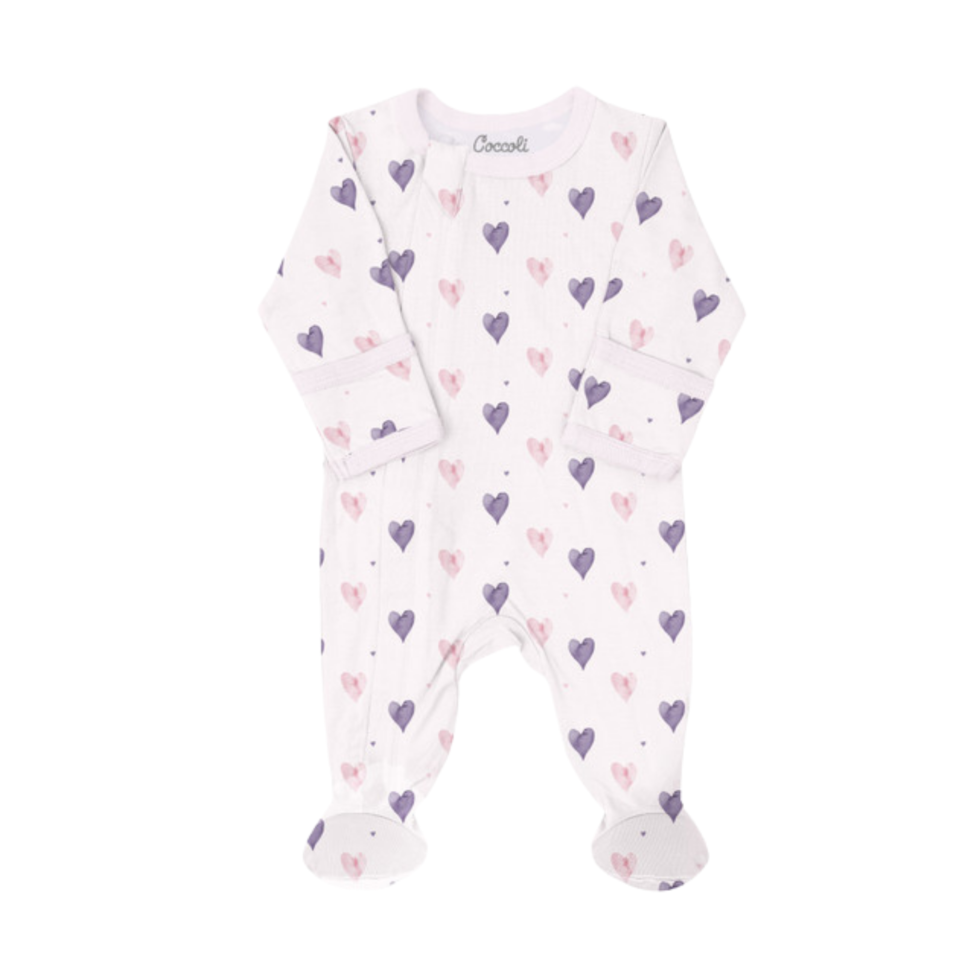 COCCOLI Modal Zipper Footie - Hearts on Light Pink
