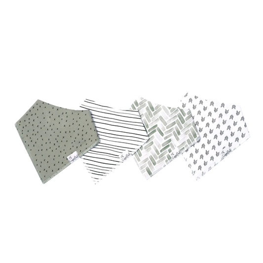 Set of four Copper Pearl bandana drool bibs in assorted neutral prints, made from soft absorbent cotton with adjustable snap closures.