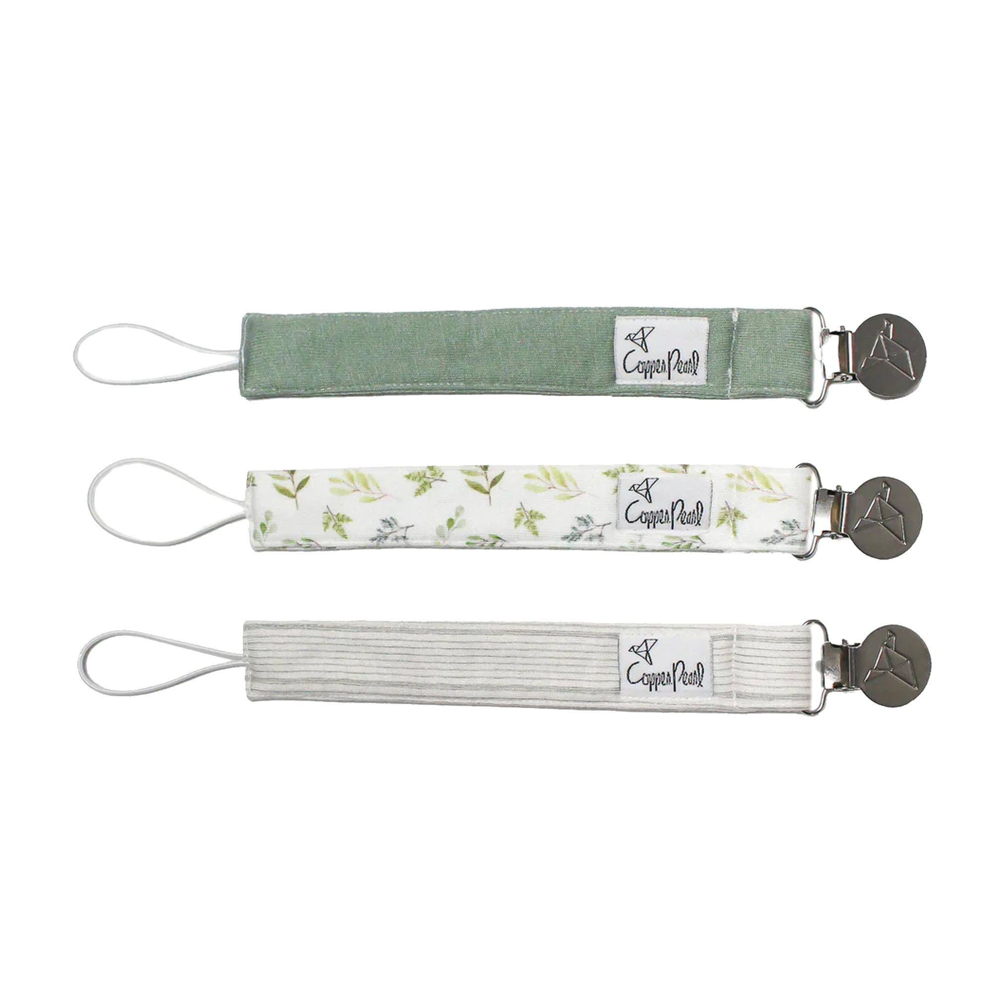 Set of three Suavinex pacifier clips in green, white with patterns, and grey.