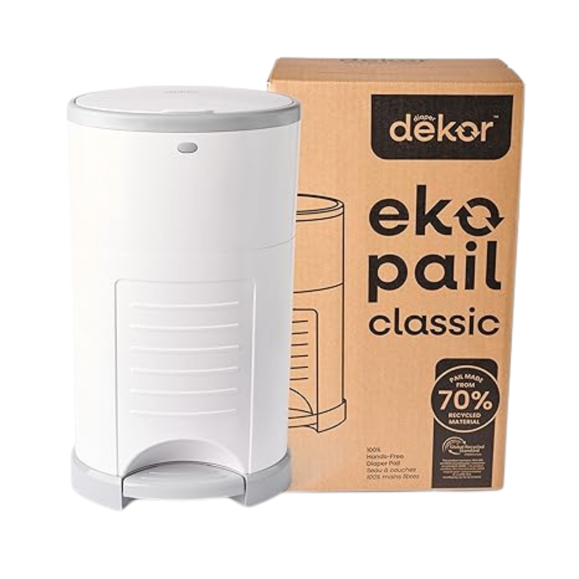 White diaper pail with foot pedal next to its packaging box labeled “Dékor Eko Pail Classic,” designed for hands-free, odor-sealing diaper disposal.