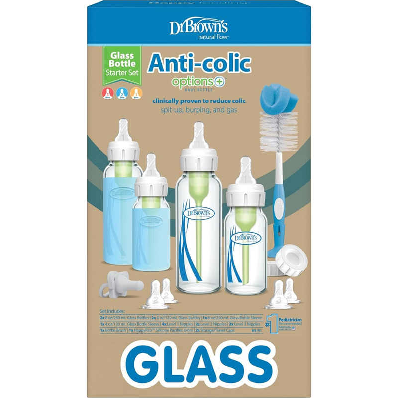 DR. BROWN'S Natural Flow Options+ Anti-colic Glass Narrow Baby Bottles Newborn Starter Set