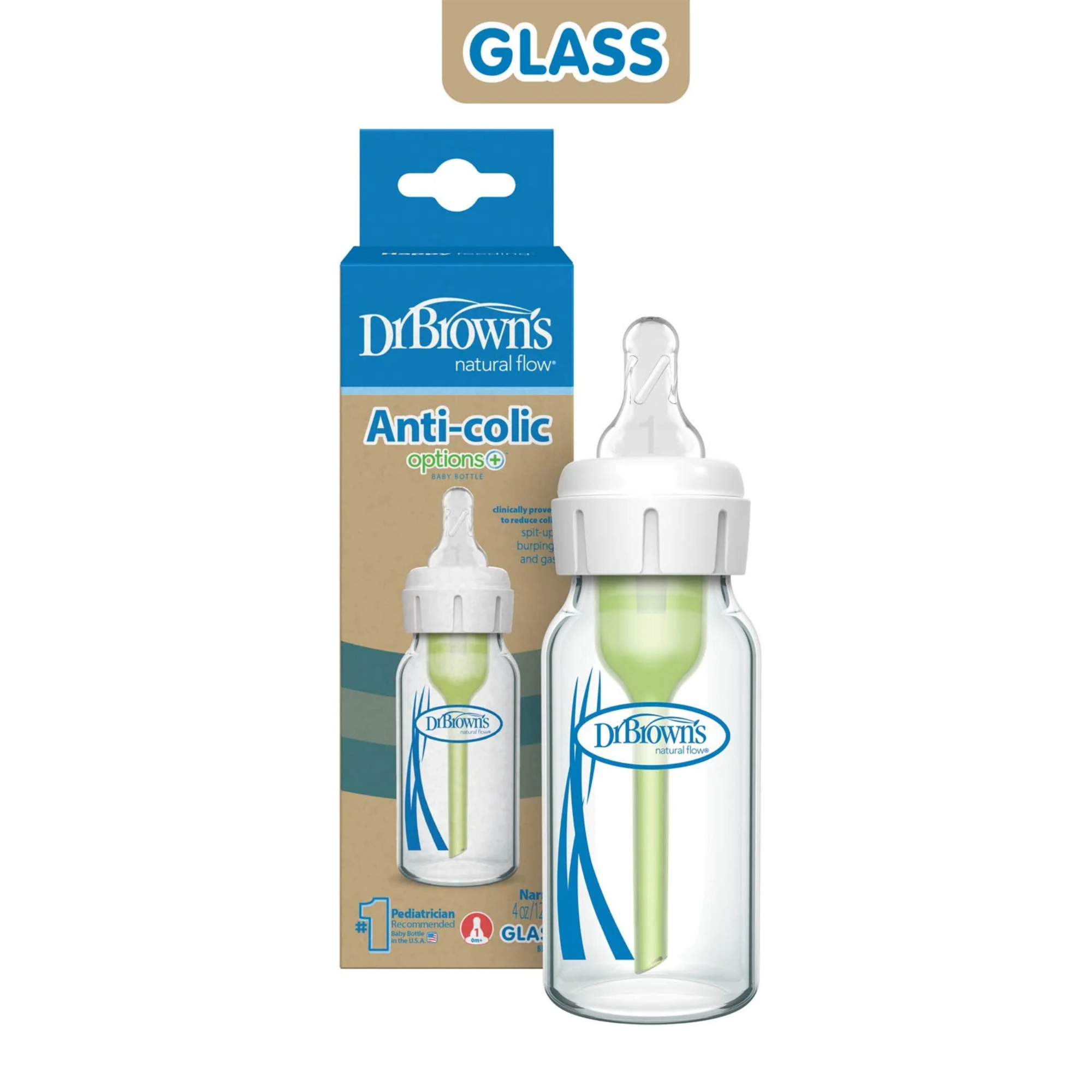 DR. BROWN'S Options+ Glass Narrow Baby Bottle 4oz (1-Pack) Level 1 Slow Nipple