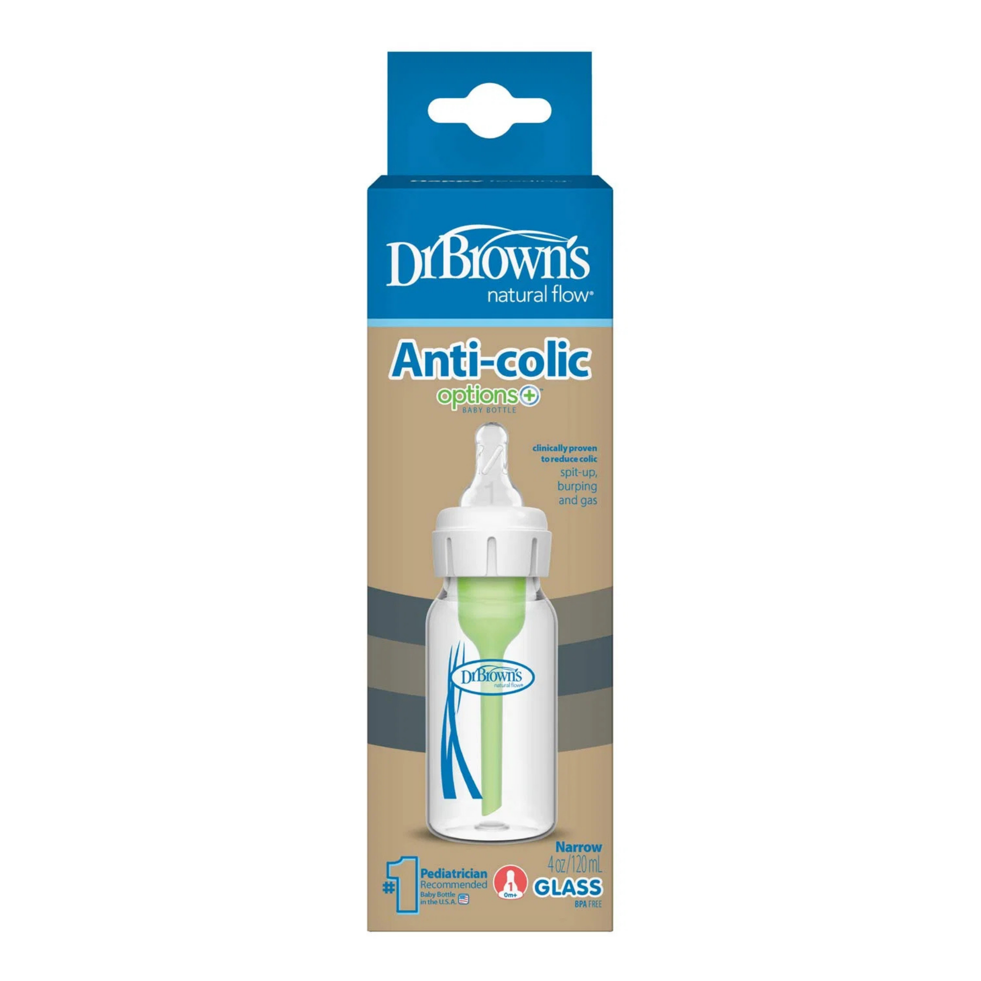 DR. BROWN'S Options+ Glass Narrow Baby Bottle 4oz (1-Pack) Level 1 Slow Nipple