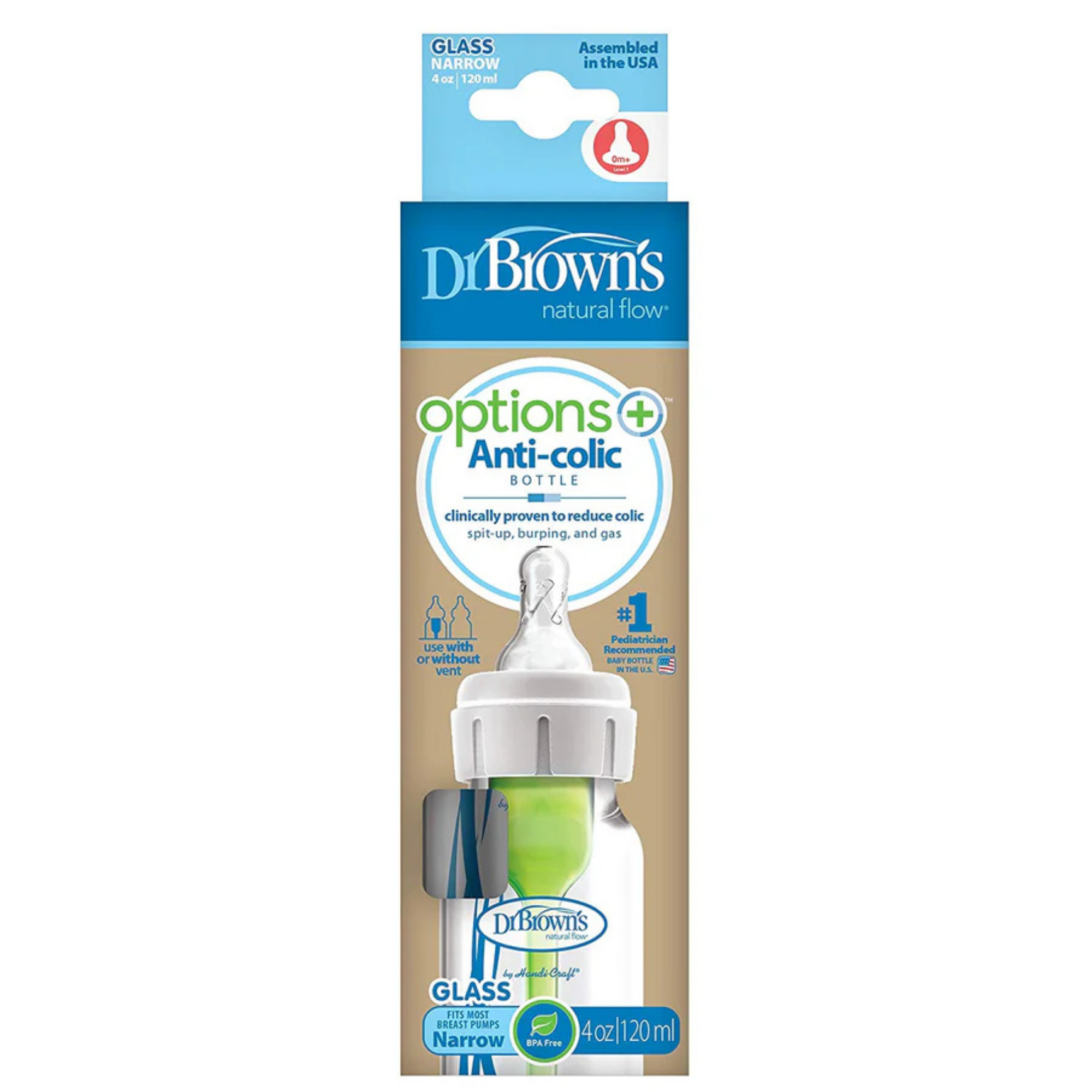 DR. BROWN'S Options+ Glass Narrow Baby Bottle 4oz (2-Pack) Level 1 Slow Nipple