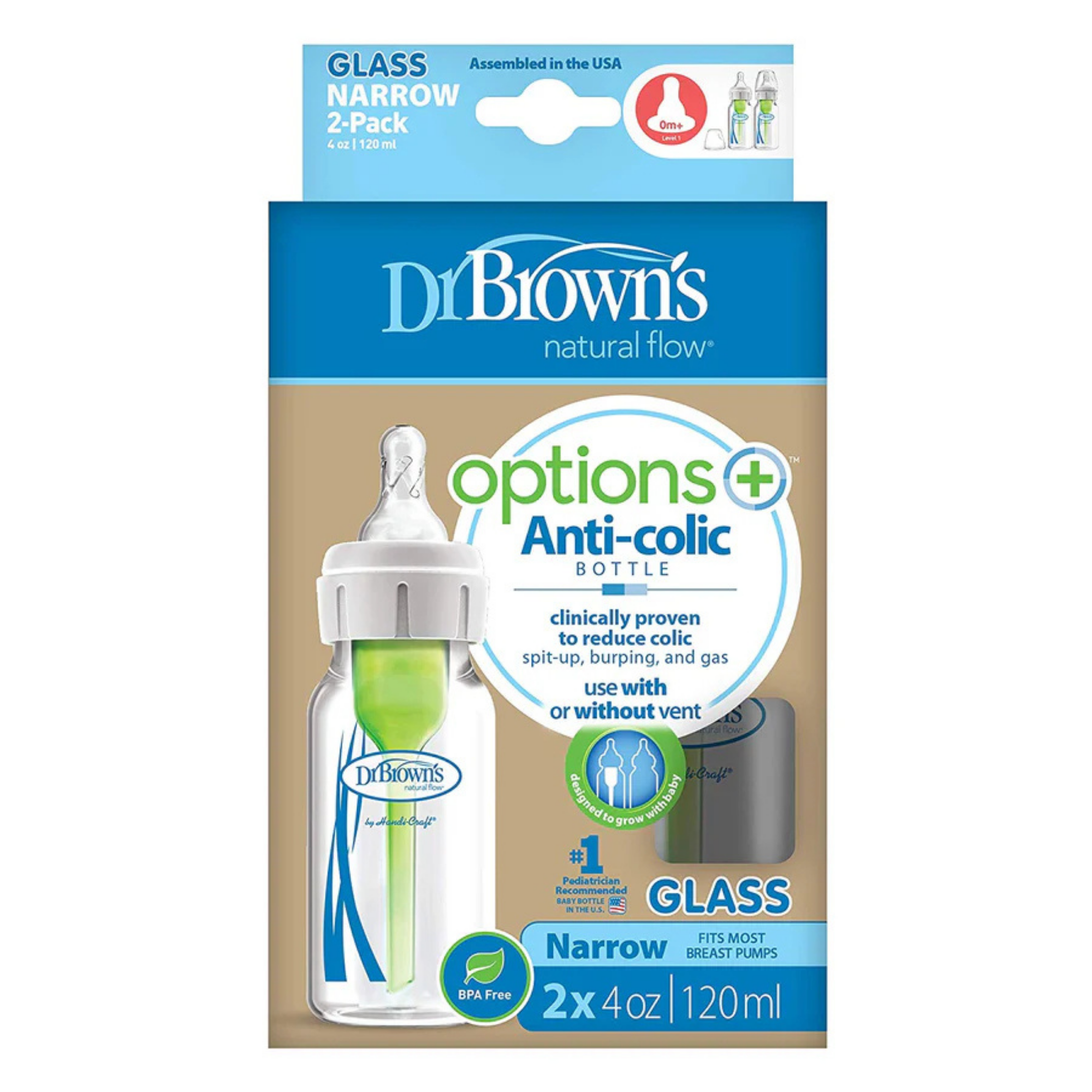 DR. BROWN'S Options+ Glass Narrow Baby Bottle 4oz (2-Pack) Level 1 Slow Nipple