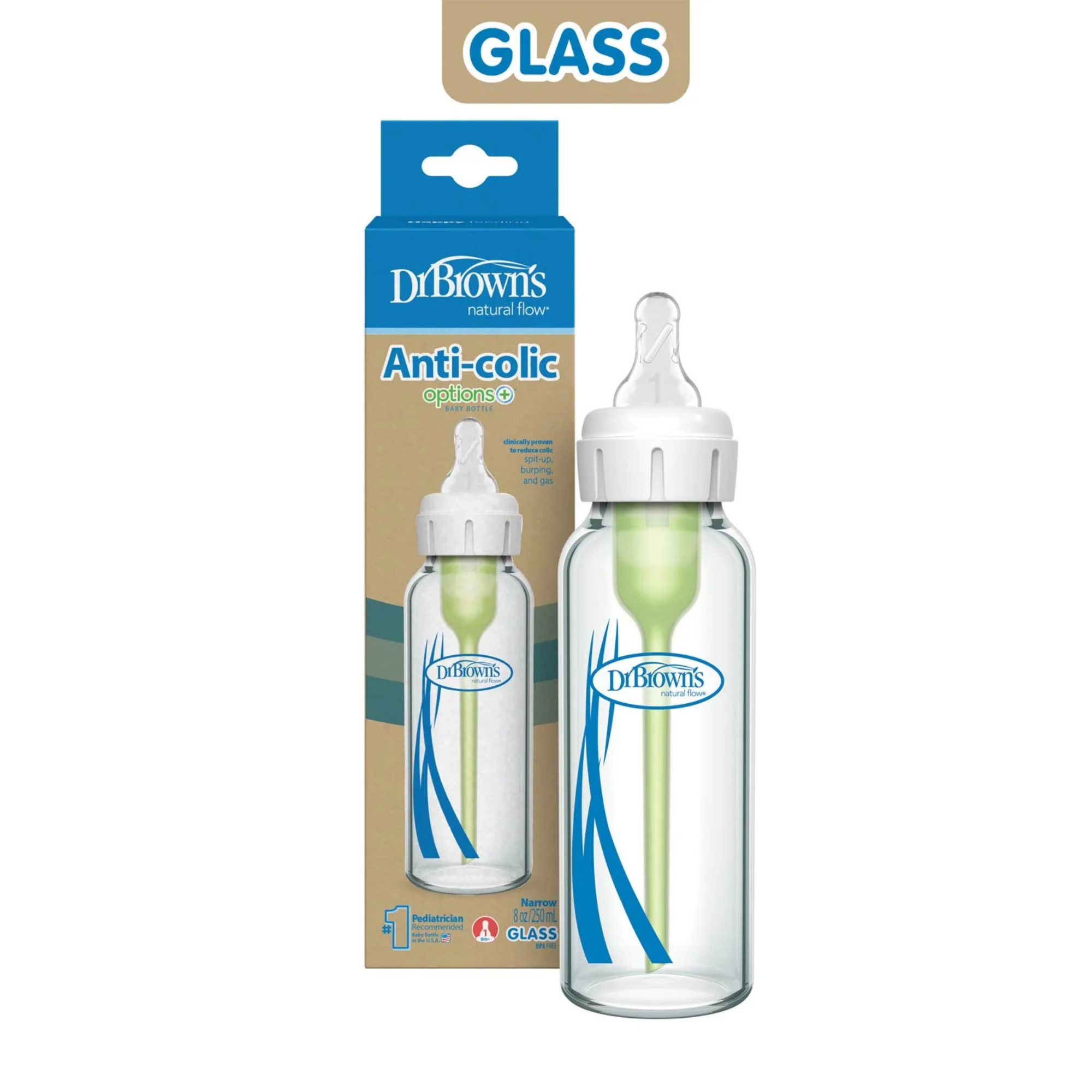 DR. BROWN'S Options+ Glass Narrow Baby Bottle 8oz (1-Pack) Level 1 Slow Nipple