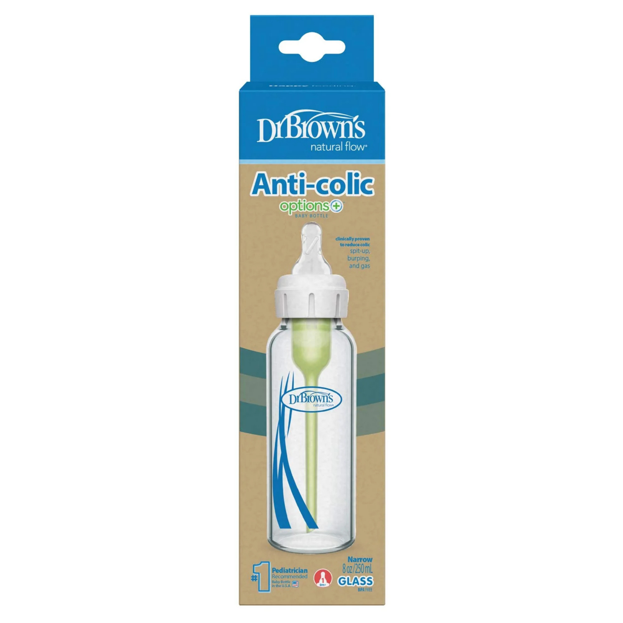 DR. BROWN'S Options+ Glass Narrow Baby Bottle 8oz (1-Pack) Level 1 Slow Nipple