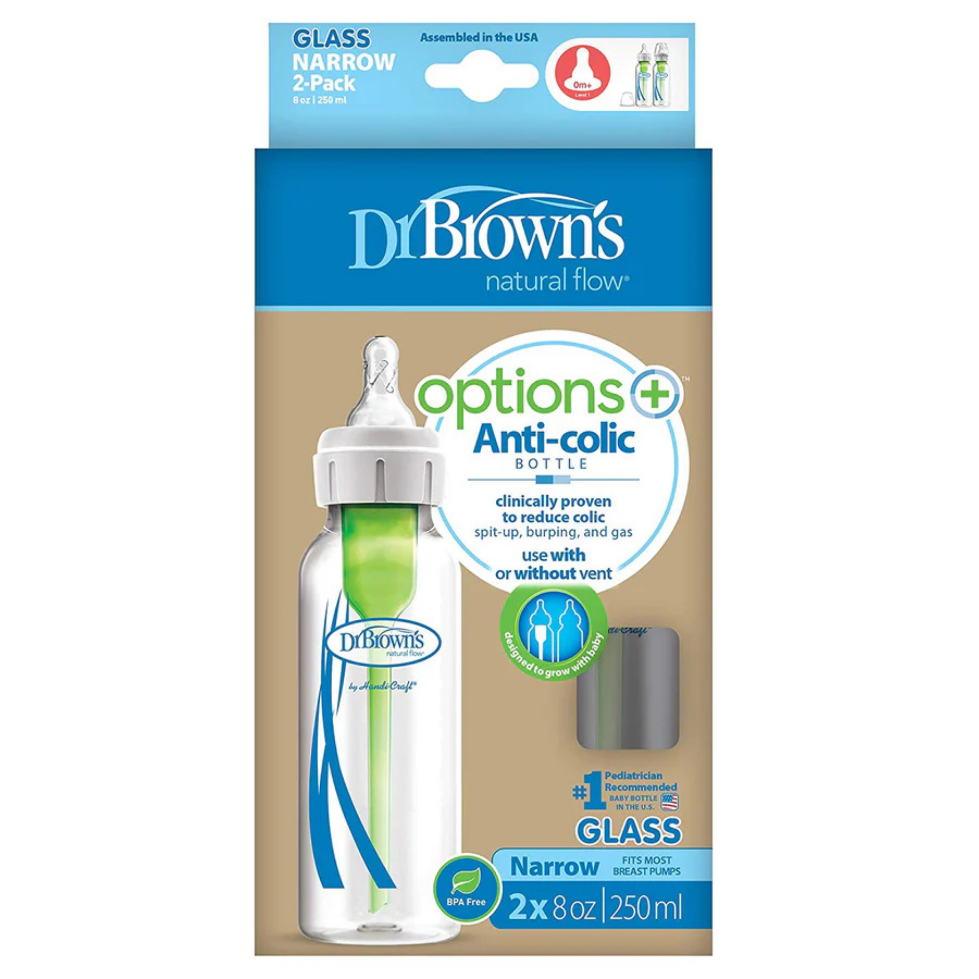 DR. BROWN'S Options+ Glass Narrow Baby Bottle 8oz (2-Pack) Level 1 Slow Nipple