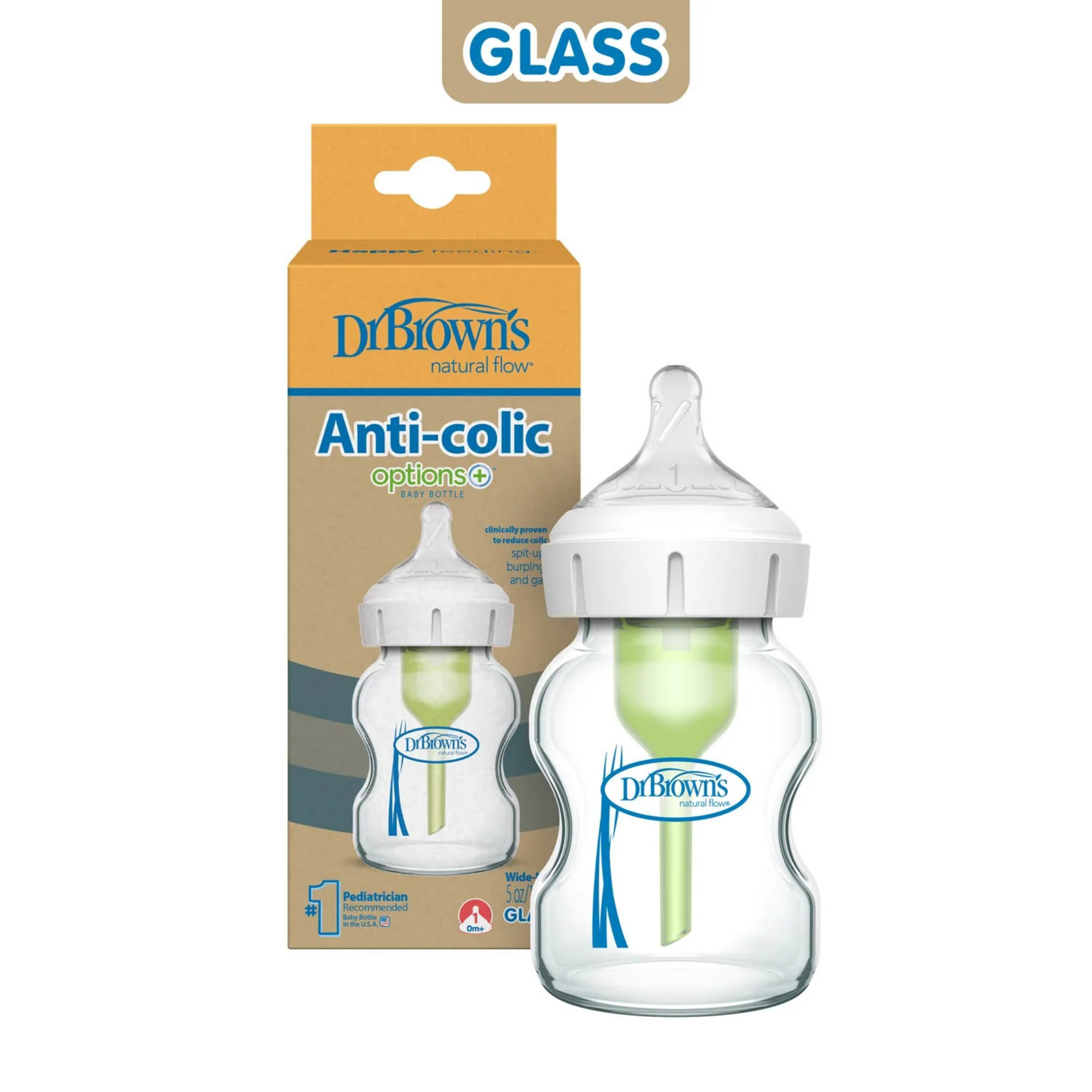 DR. BROWN'S Options+ Glass Wide Baby Bottle 5oz (1-Pack) Level 1 Slow Nipple