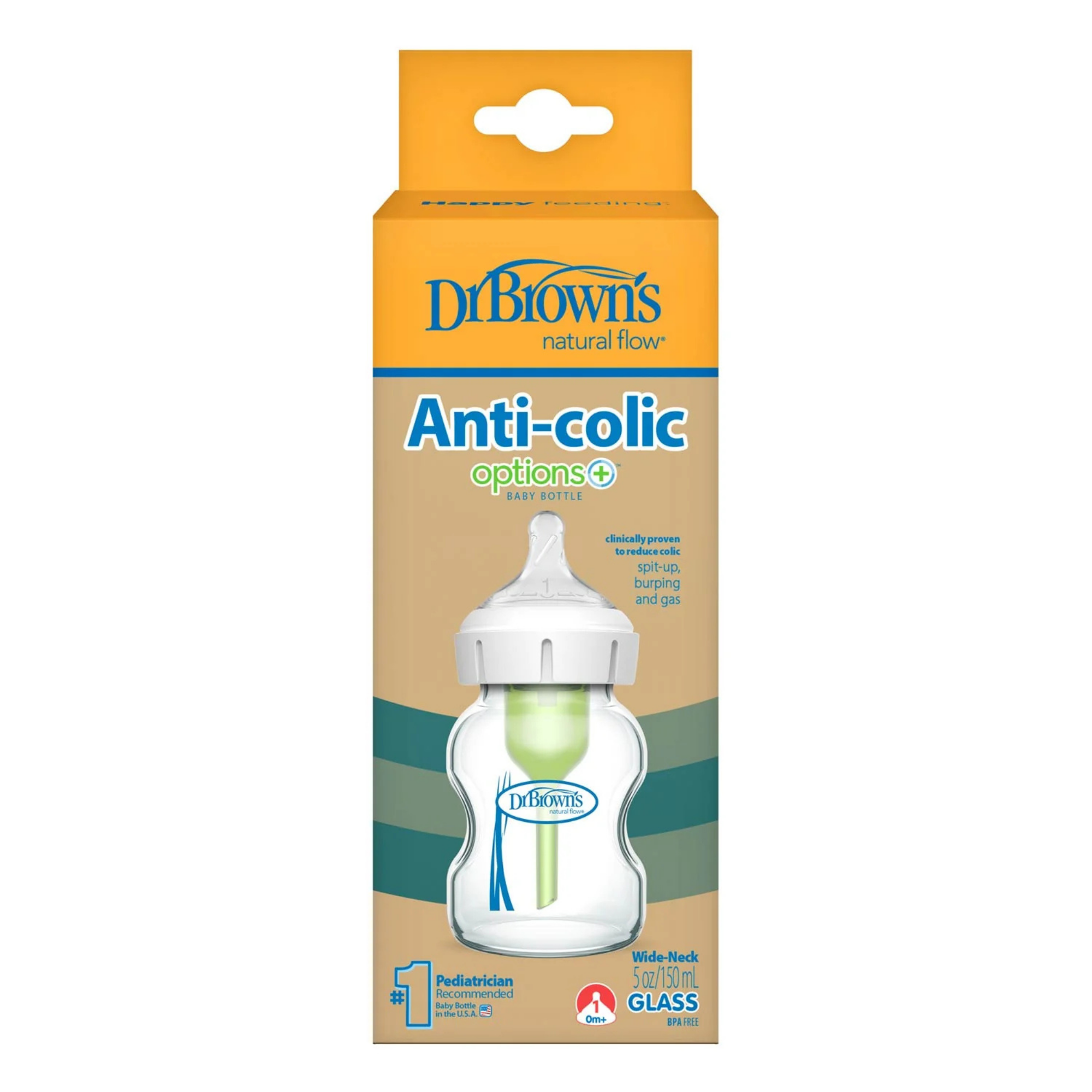 DR. BROWN'S Options+ Glass Wide Baby Bottle 5oz (1-Pack) Level 1 Slow Nipple