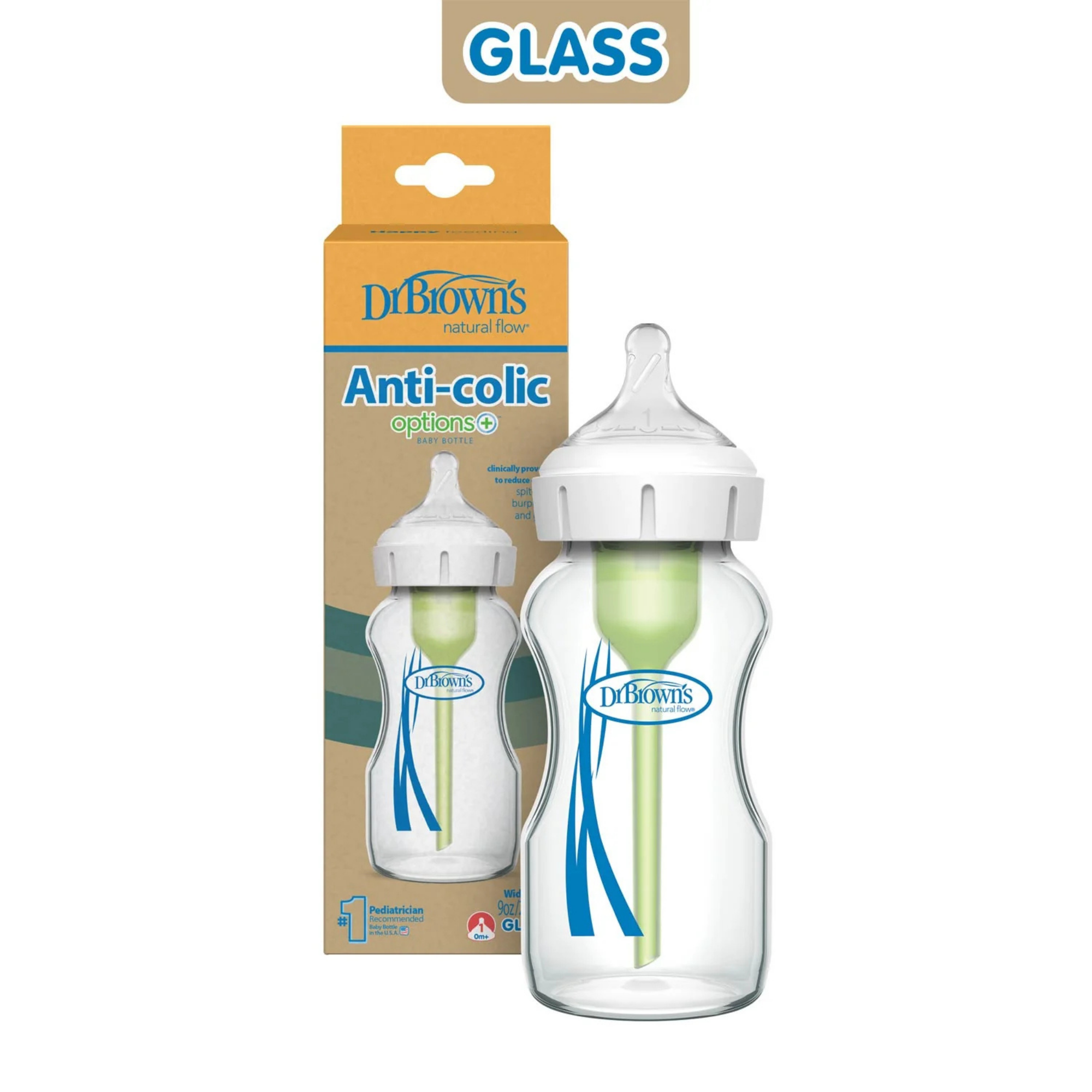 DR. BROWN'S Options+ Glass Wide Baby Bottle 9oz (1-Pack) Level 1 Slow Nipple