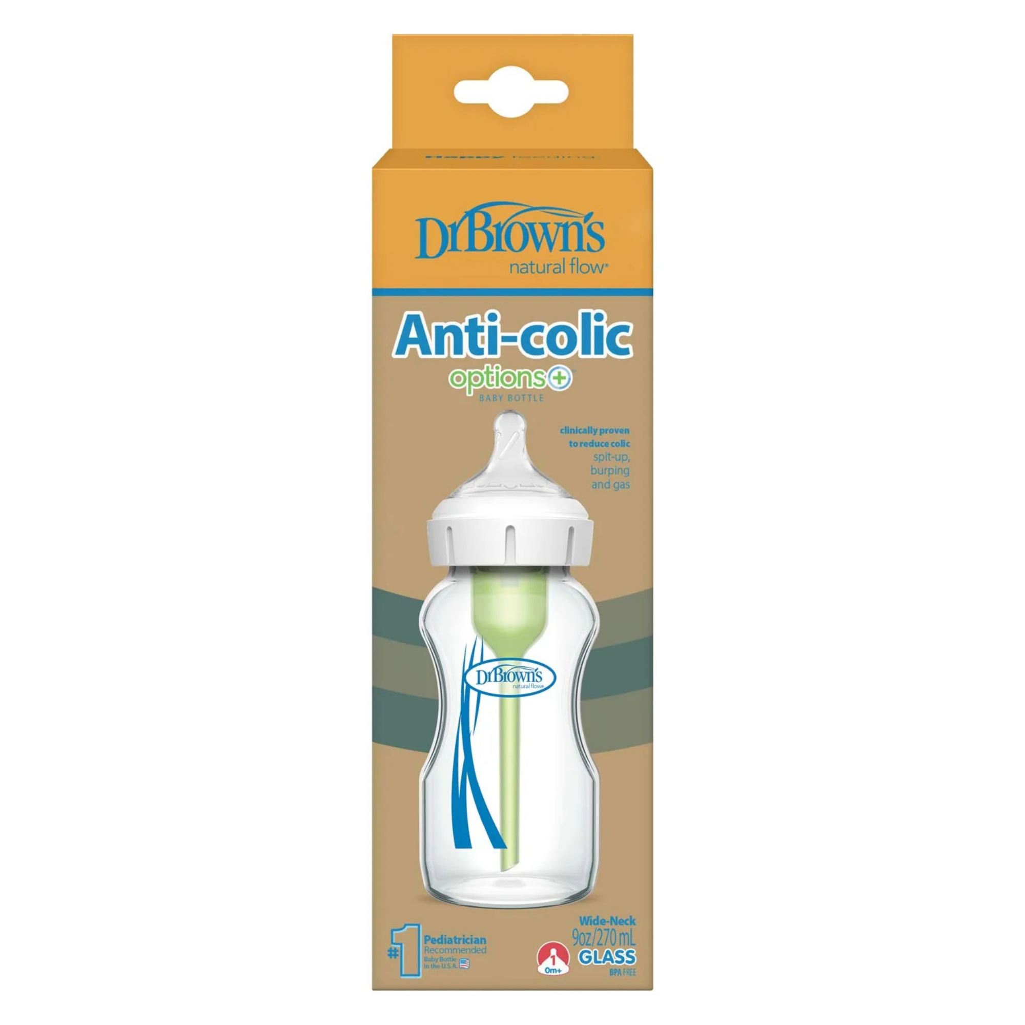 DR. BROWN'S Options+ Glass Wide Baby Bottle 9oz (1-Pack) Level 1 Slow Nipple
