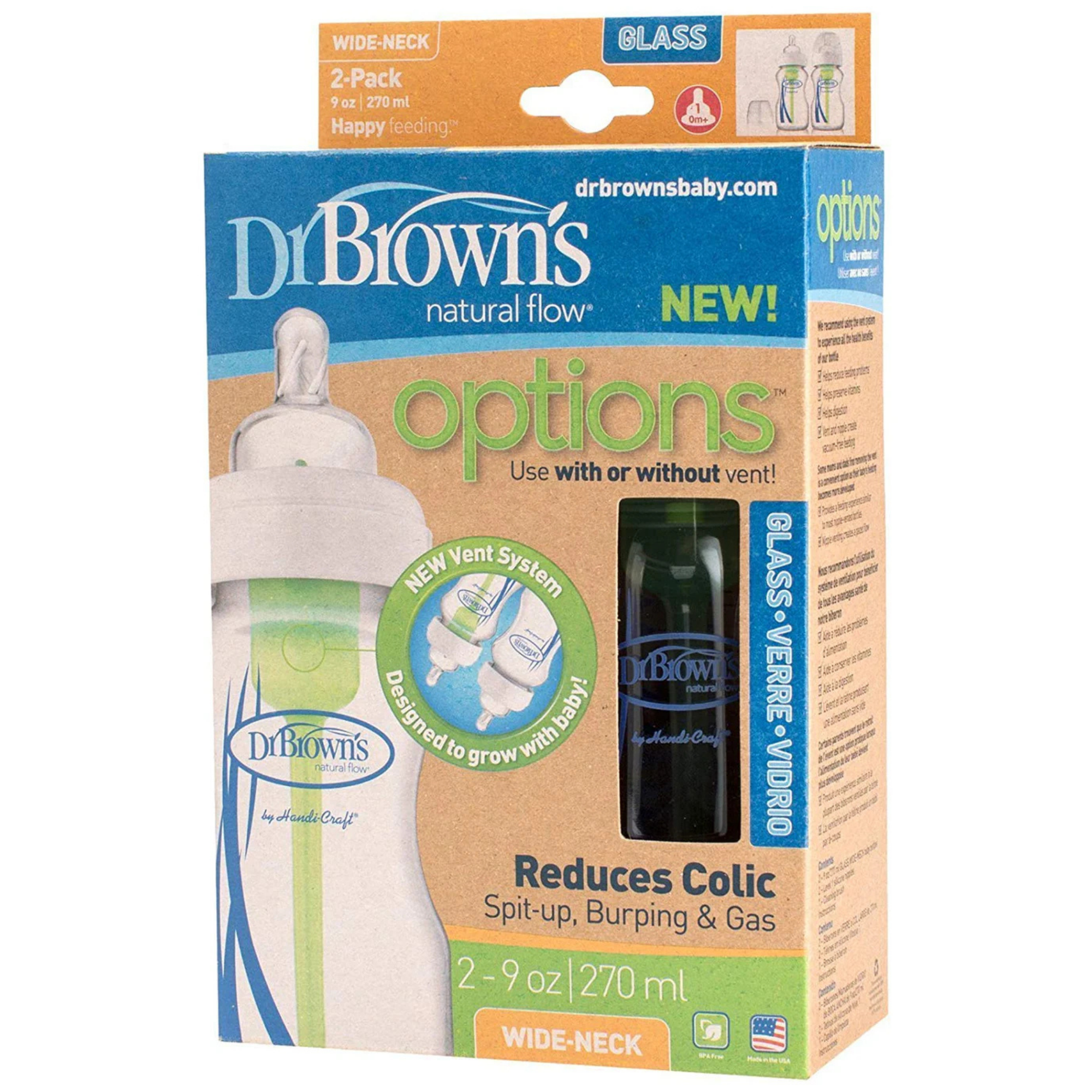 DR. BROWN'S Options+ Glass Wide Baby Bottle 9oz (2-Pack) Level 1 Slow Nipple