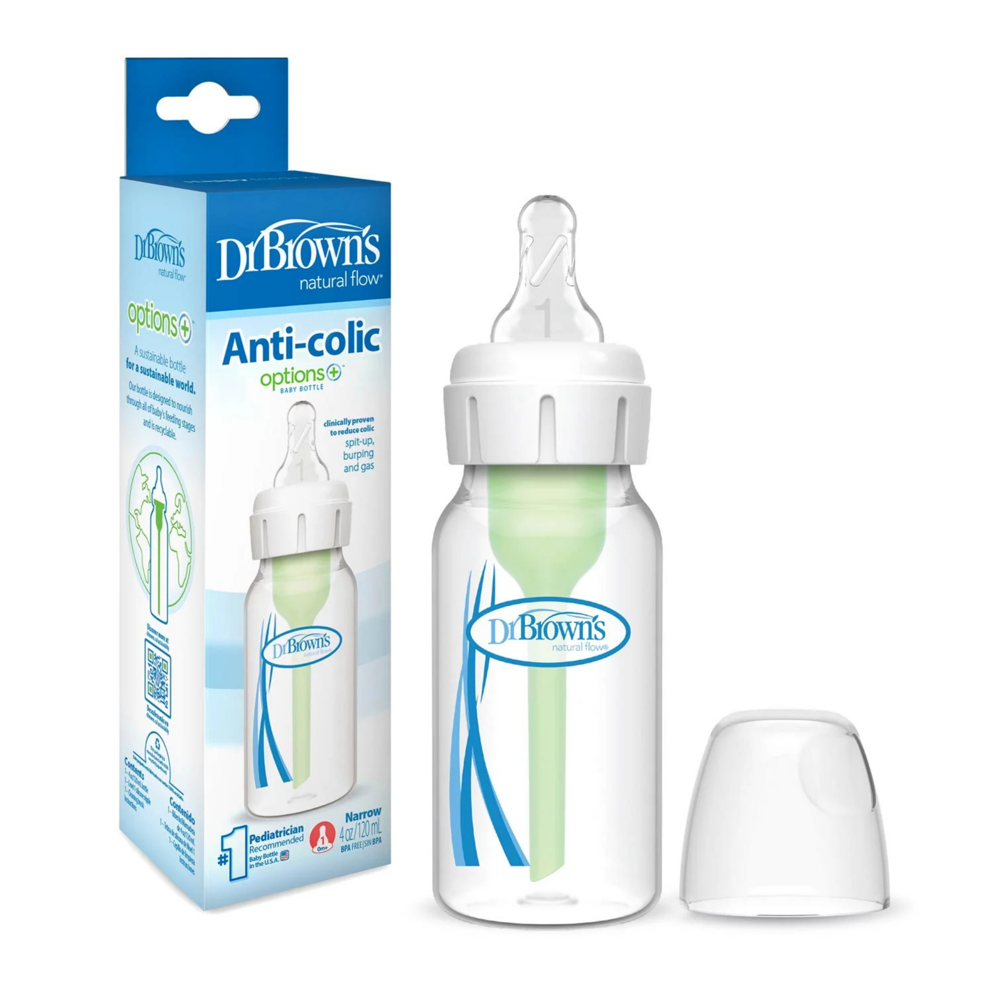 DR. BROWN'S Options+ Narrow Baby Bottle 4oz (1-Pack) Level 1 Slow Nipple