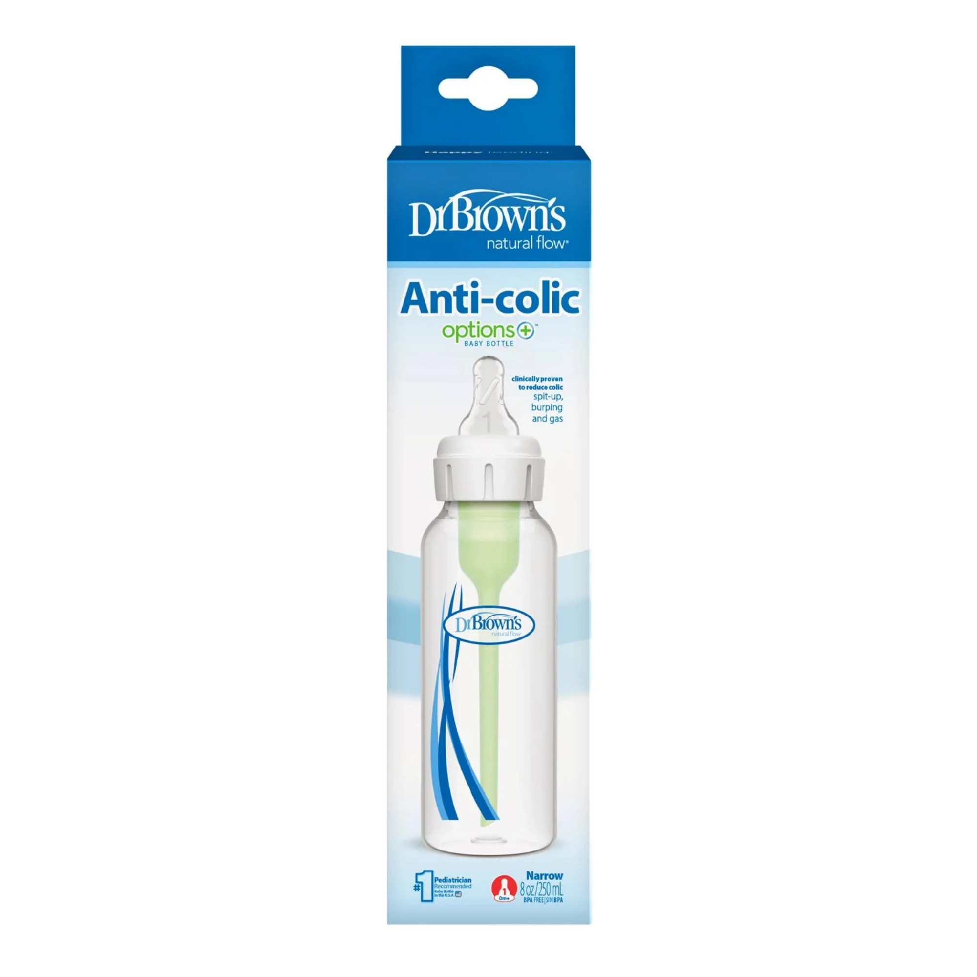 DR. BROWN'S Options+ Narrow Baby Bottle 8oz (1-Pack) Level 1 Slow Nipple