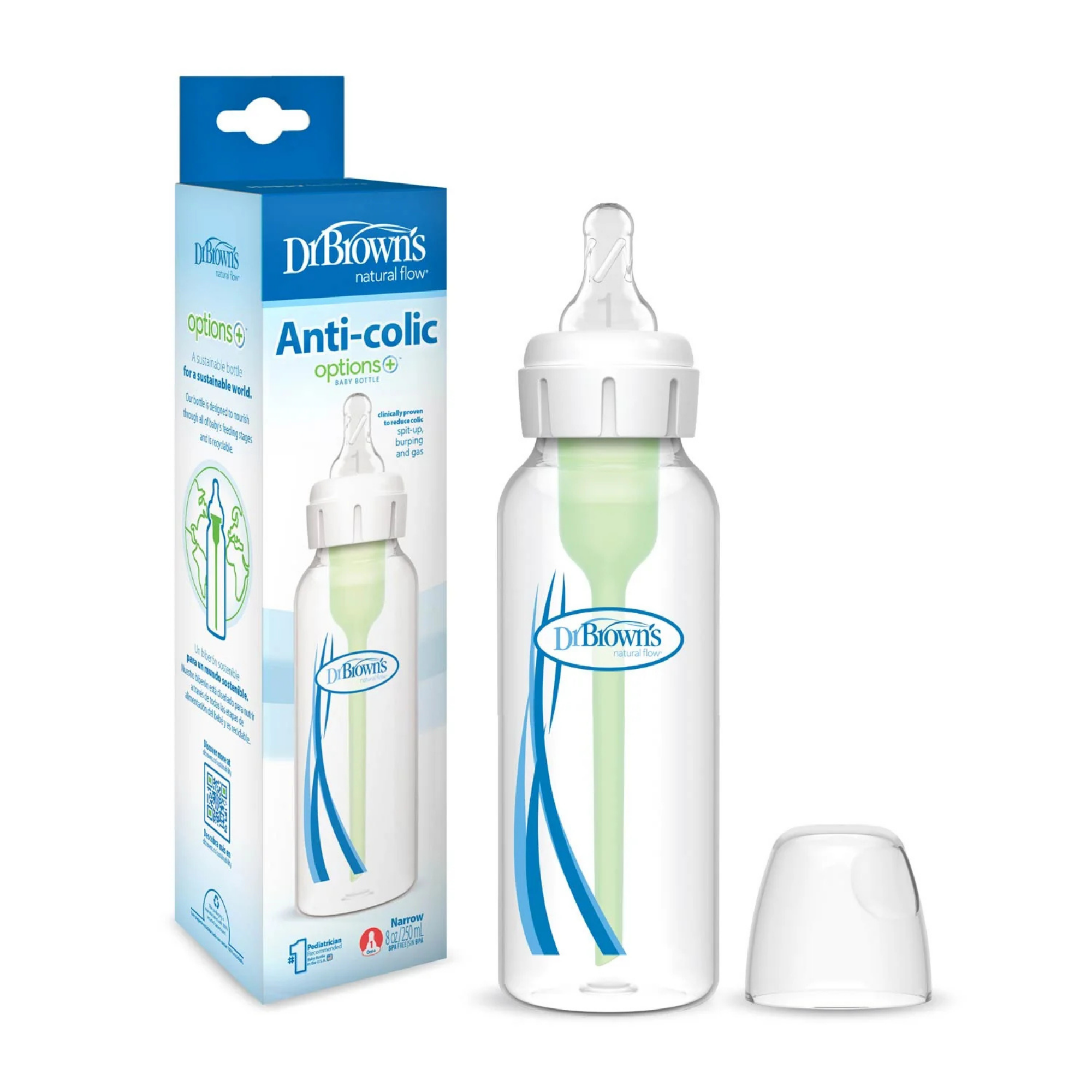 DR. BROWN'S Options+ Narrow Baby Bottle 8oz (1-Pack) Level 1 Slow Nipple