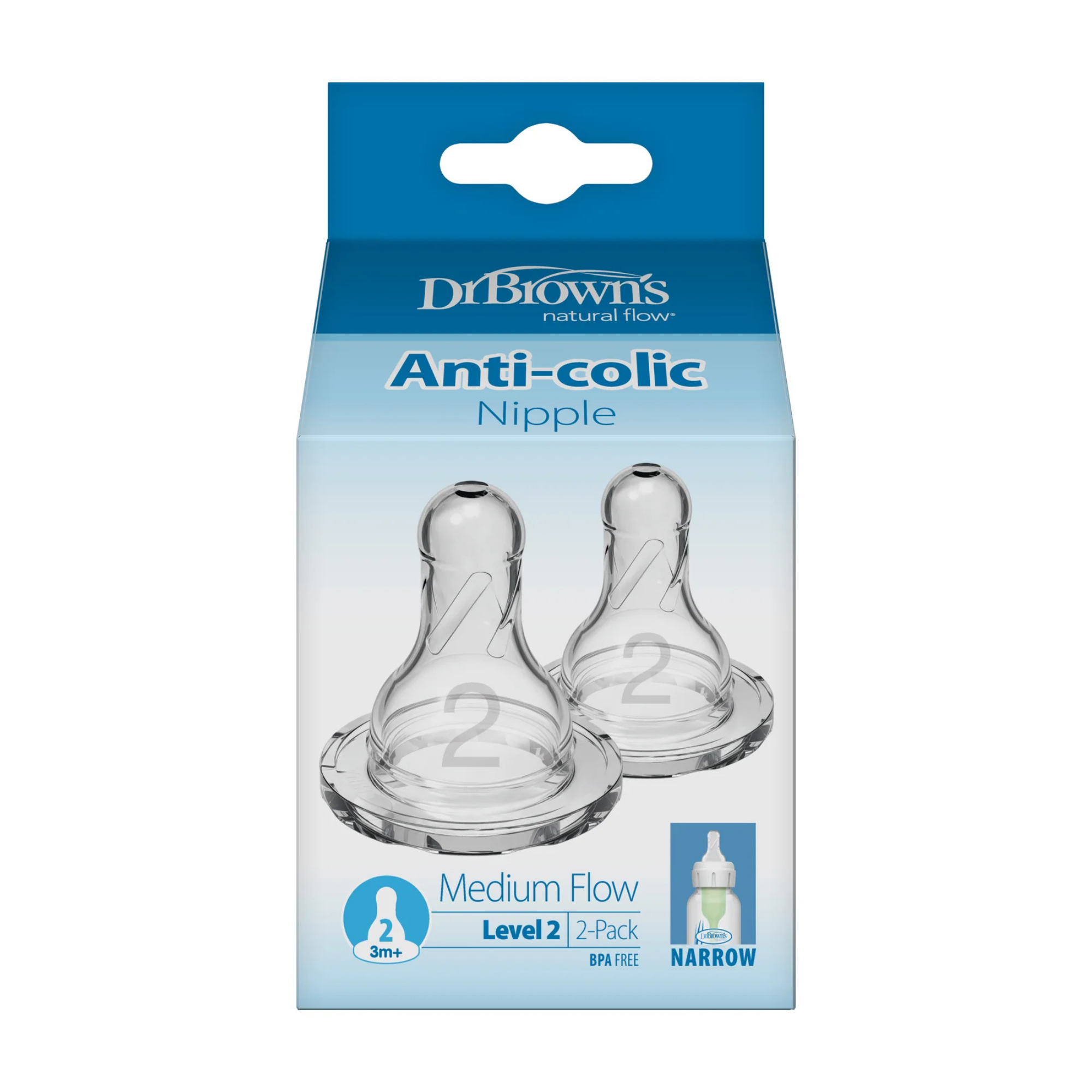 DR. BROWN'S Natural Flow Narrow Baby Bottle Silicone Nipple (2-Pack)