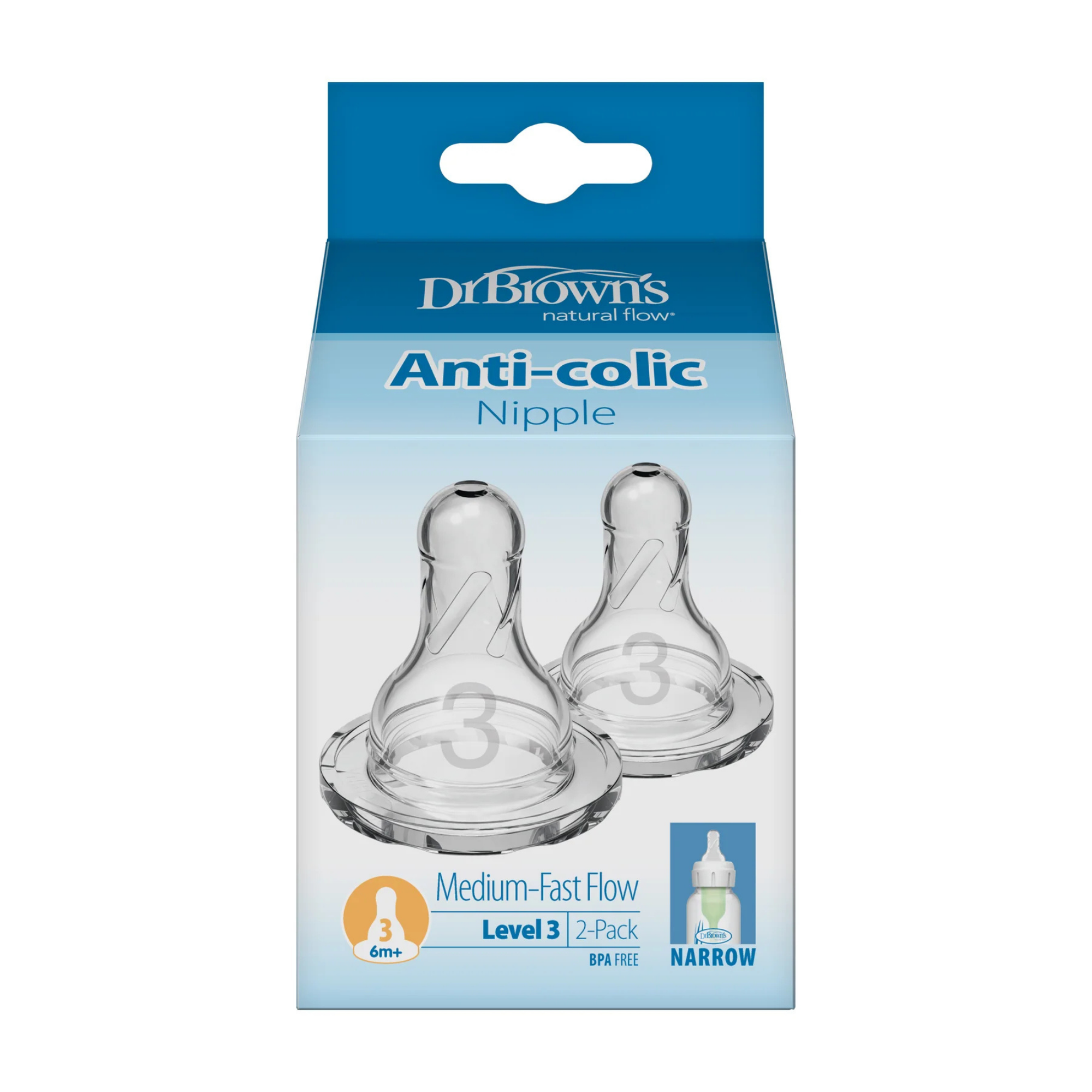 DR. BROWN'S Natural Flow Narrow Baby Bottle Silicone Nipple (2-Pack)