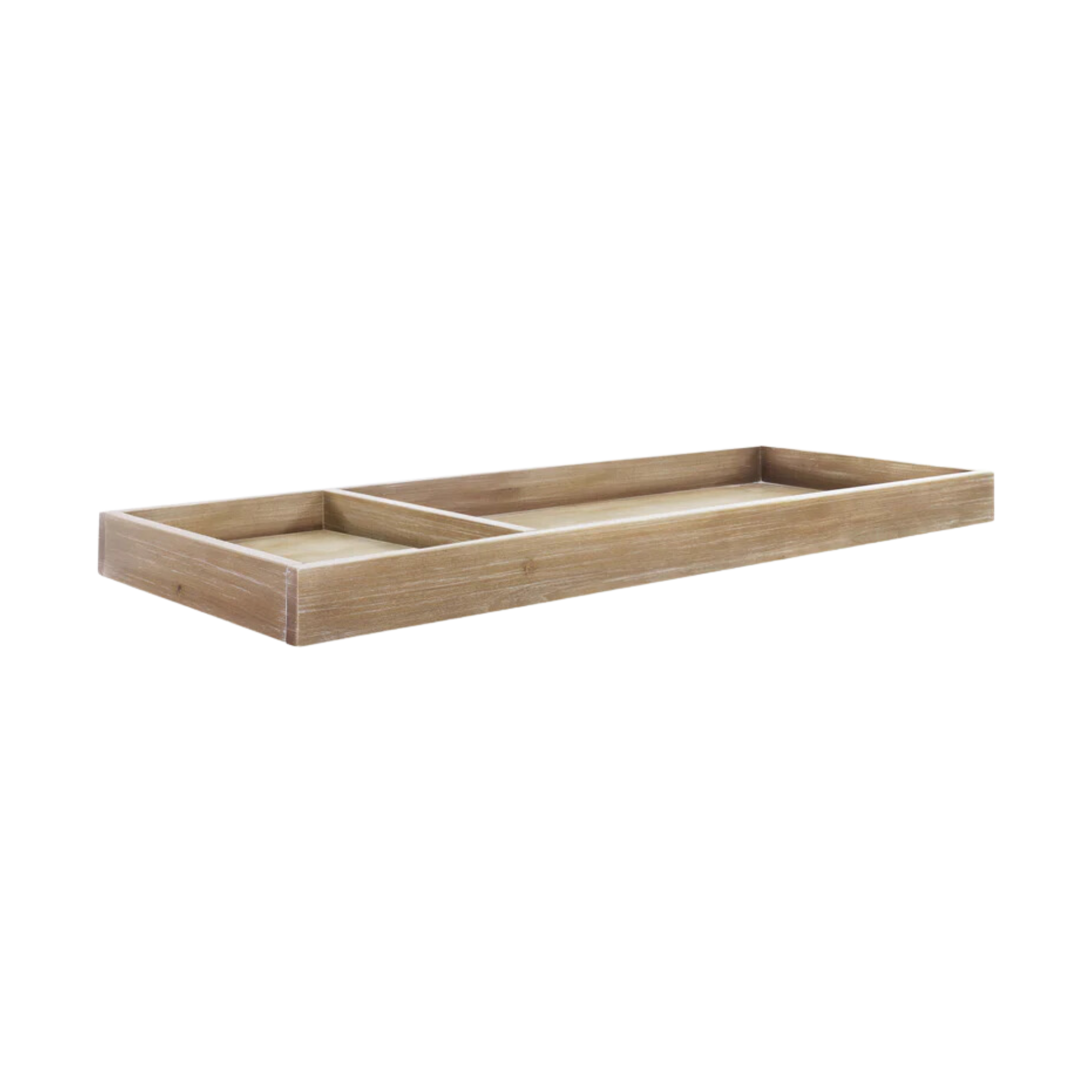 Namesake universal wide removable changing tray in driftwood finish, rectangular wooden design with two shallow compartments.