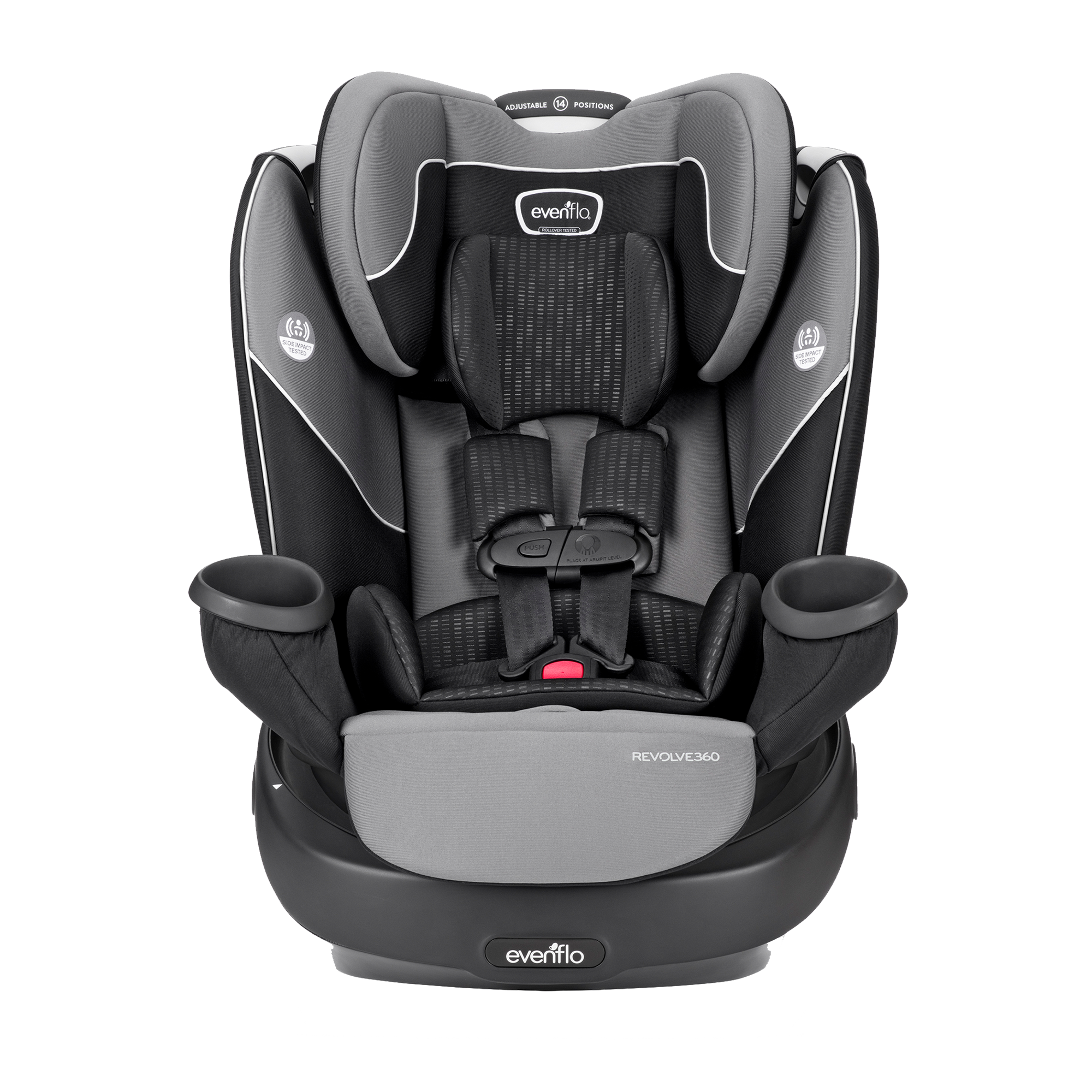 Black and gray convertible car seat with cushioned headrest, five-point harness, and dual cup holders, designed for growing children’s safety and comfort.