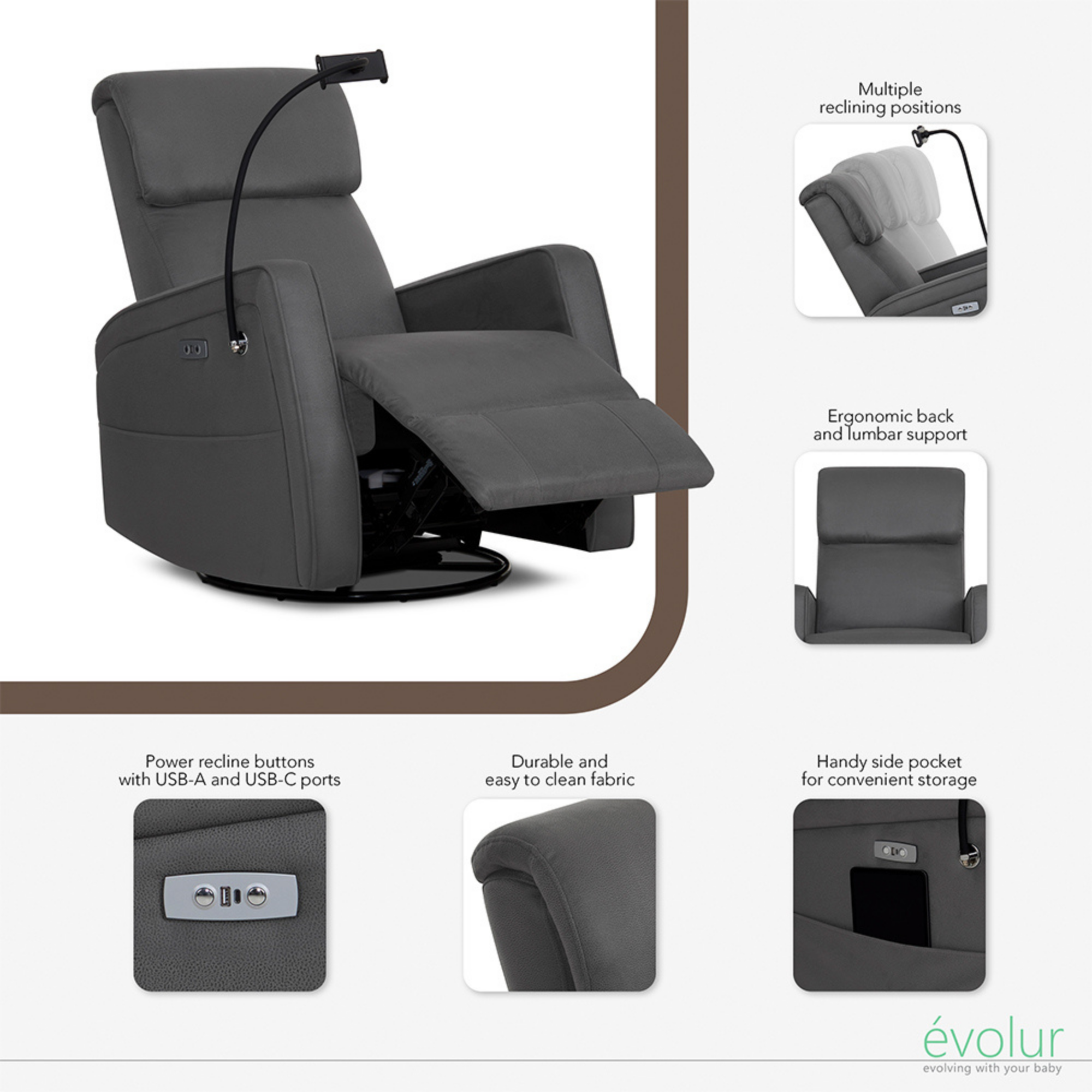 Fauteuil inclinable électrique EVOLUR Maverick avec support pour appareil