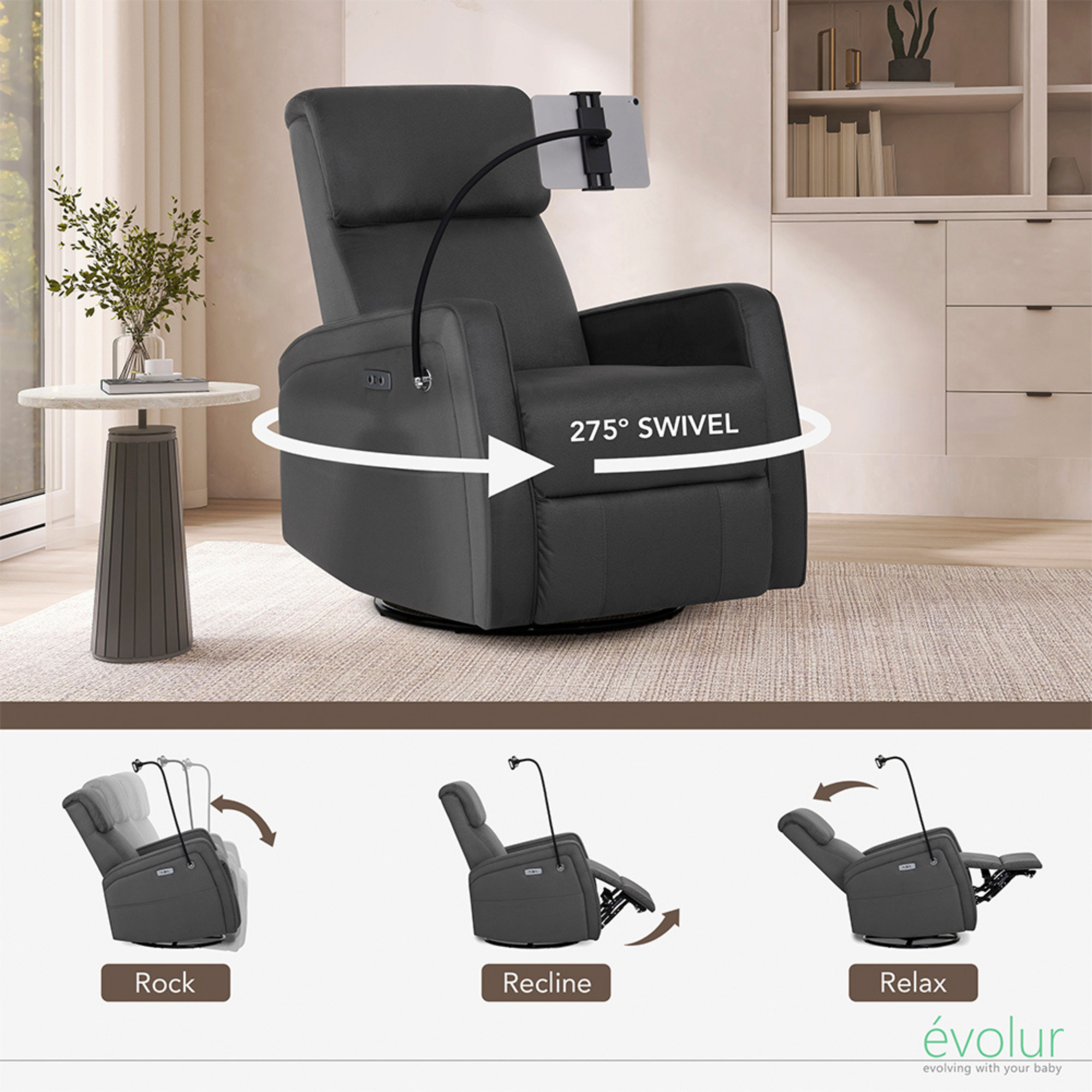 Fauteuil inclinable électrique EVOLUR Maverick avec support pour appareil