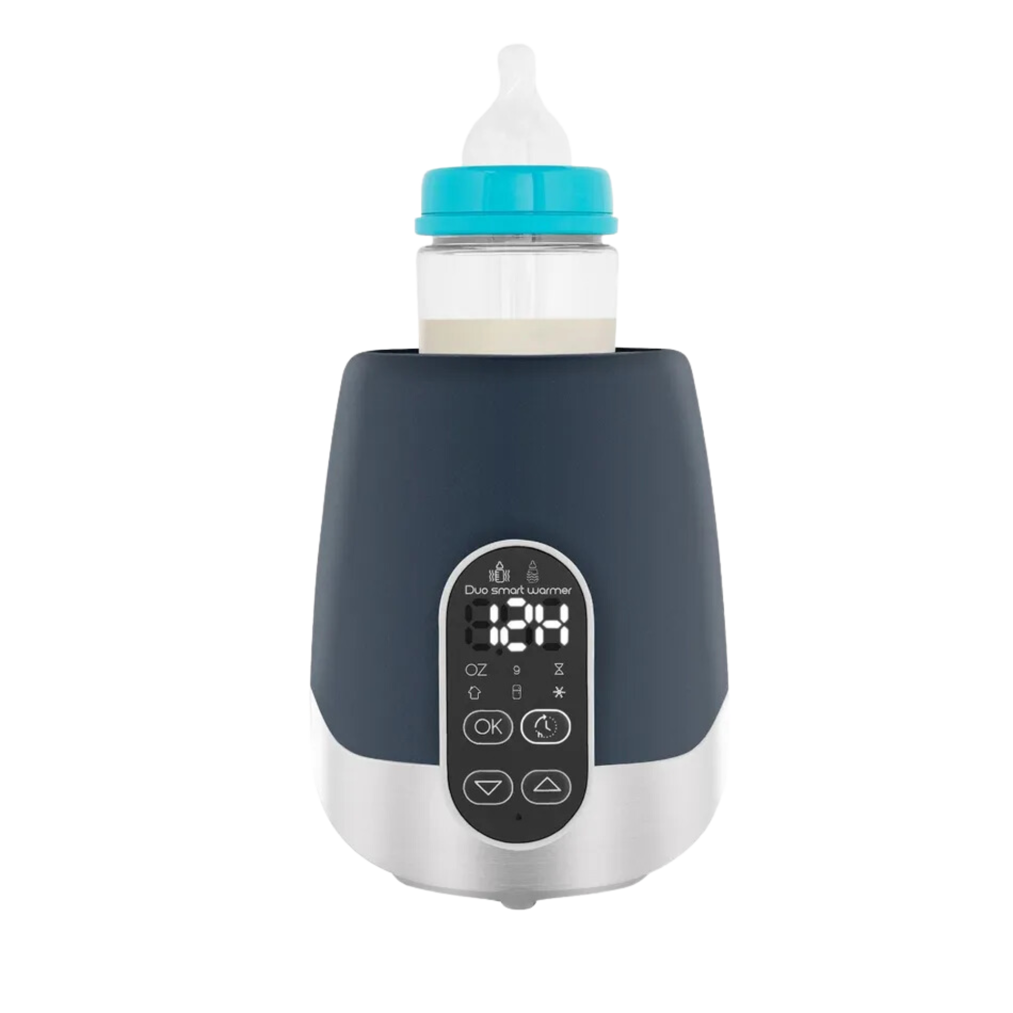 Black and silver digital baby bottle warmer with front display showing temperature, holding a baby bottle securely on top.