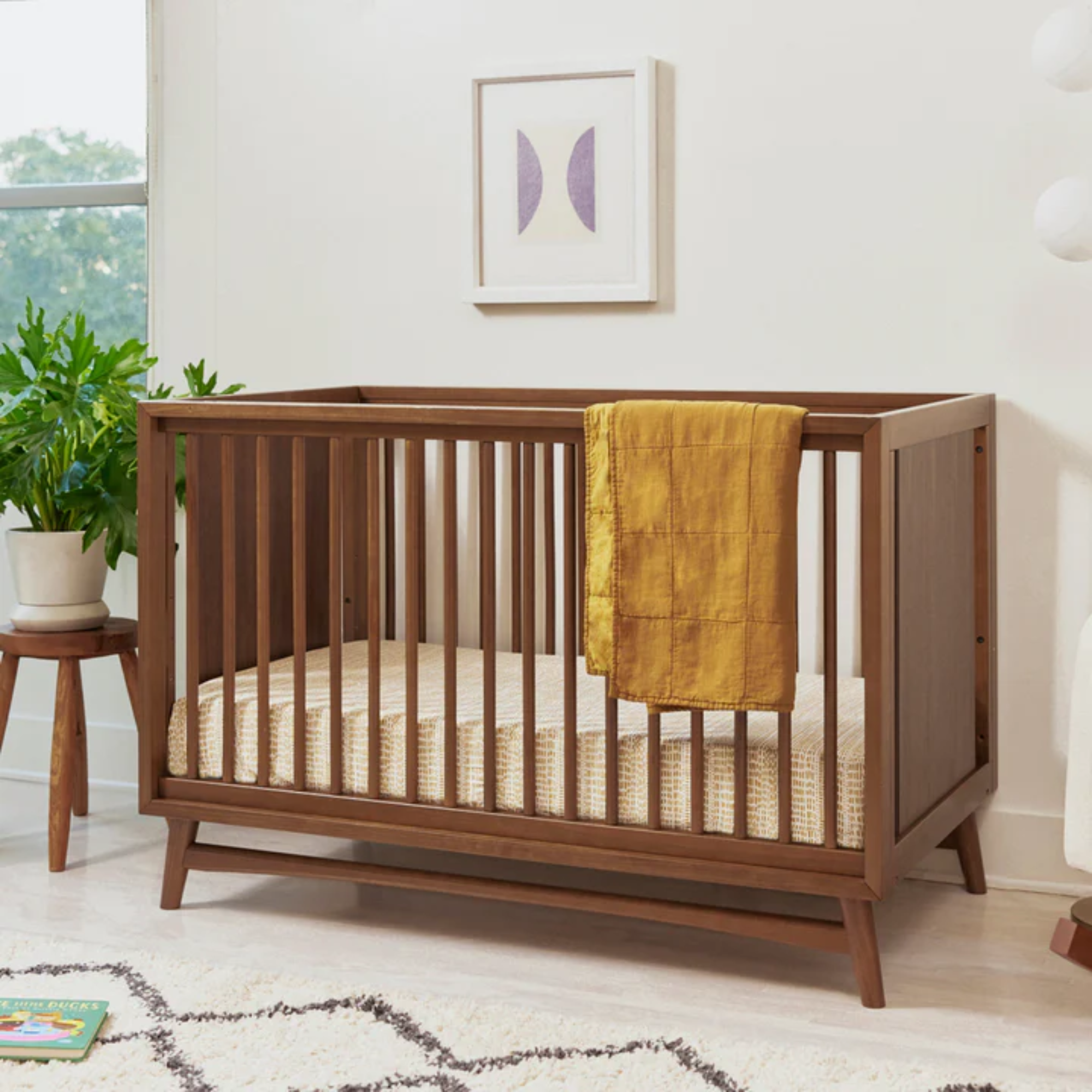 BABYLETTO Peggy Mid-Century 3-in-1 Convertible Crib w/Toddler Bed Conversion Kit - Natural Walnut