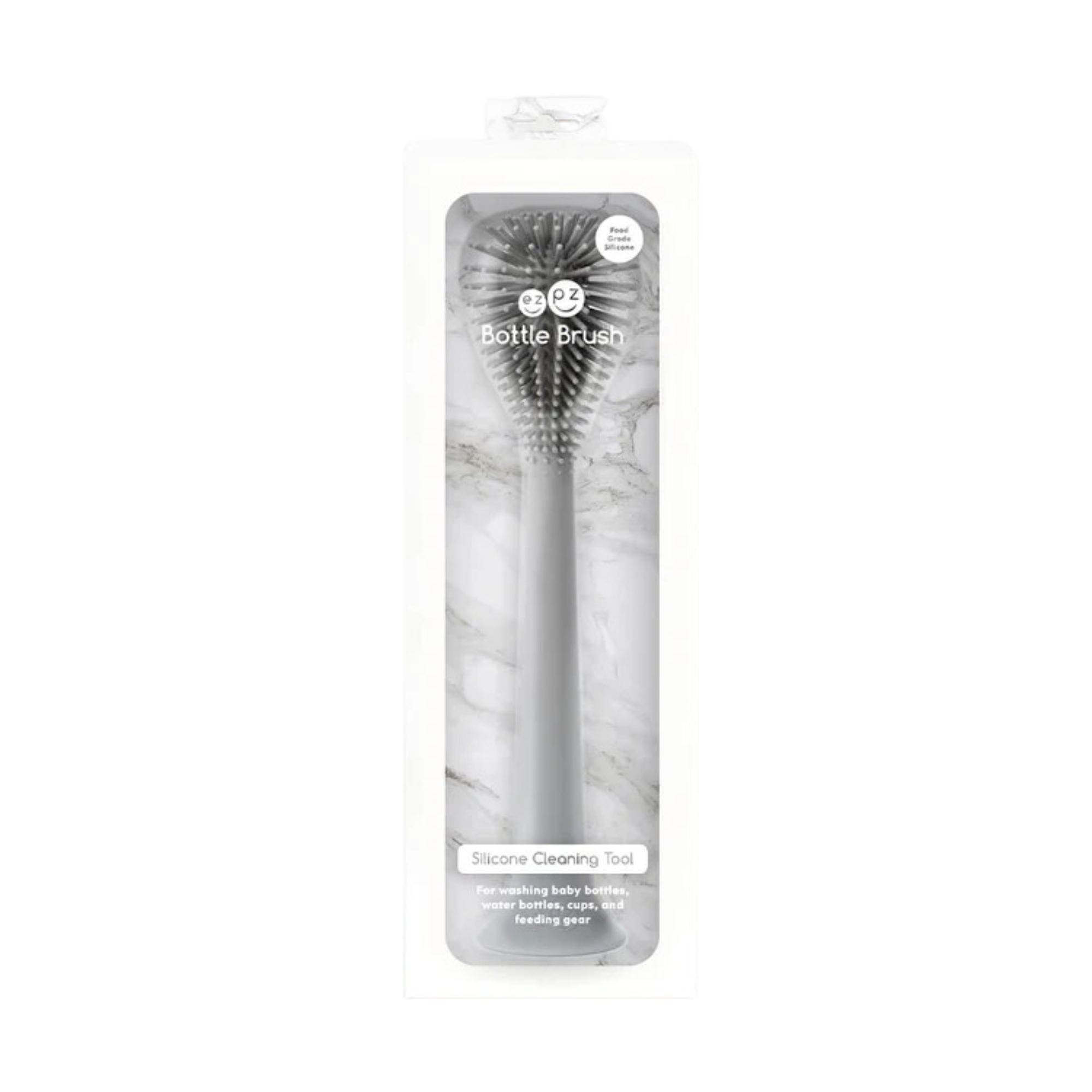 Black silicone baby spoon in clear packaging, featuring soft tip and ergonomic handle designed for gentle feeding and easy grip.