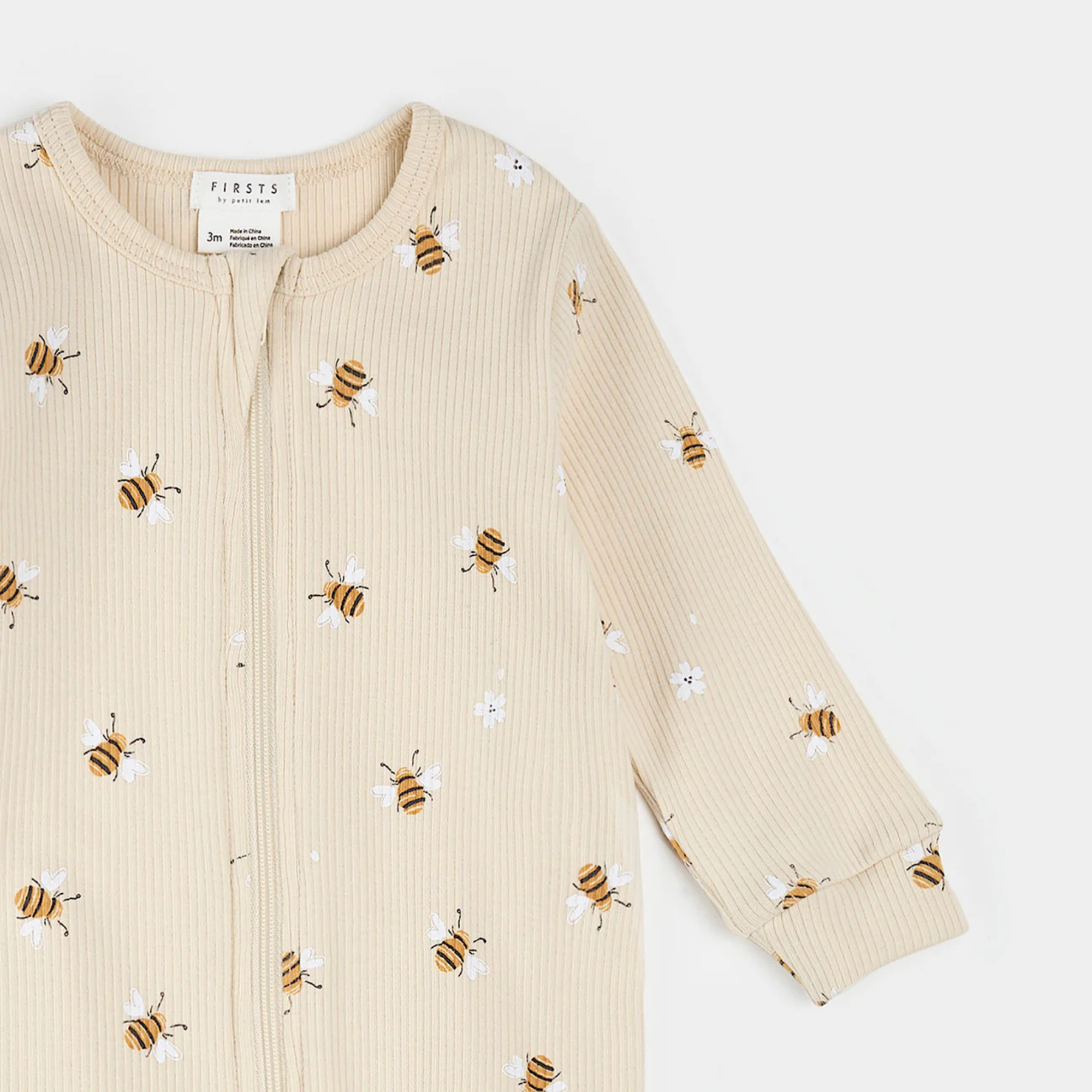 FIRSTS Bees Print on Beige Footed Sleeper