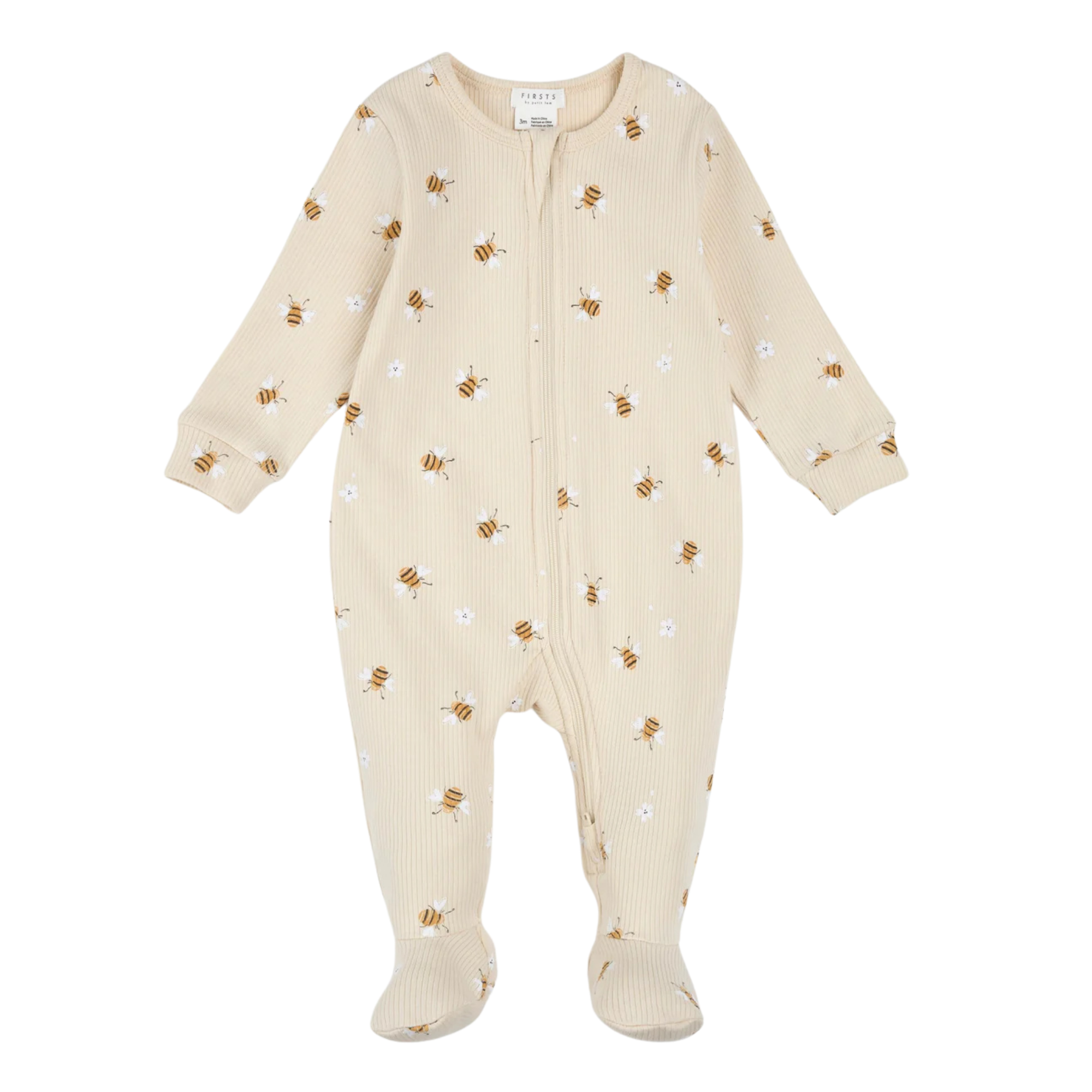 FIRSTS Bees Print on Beige Footed Sleeper