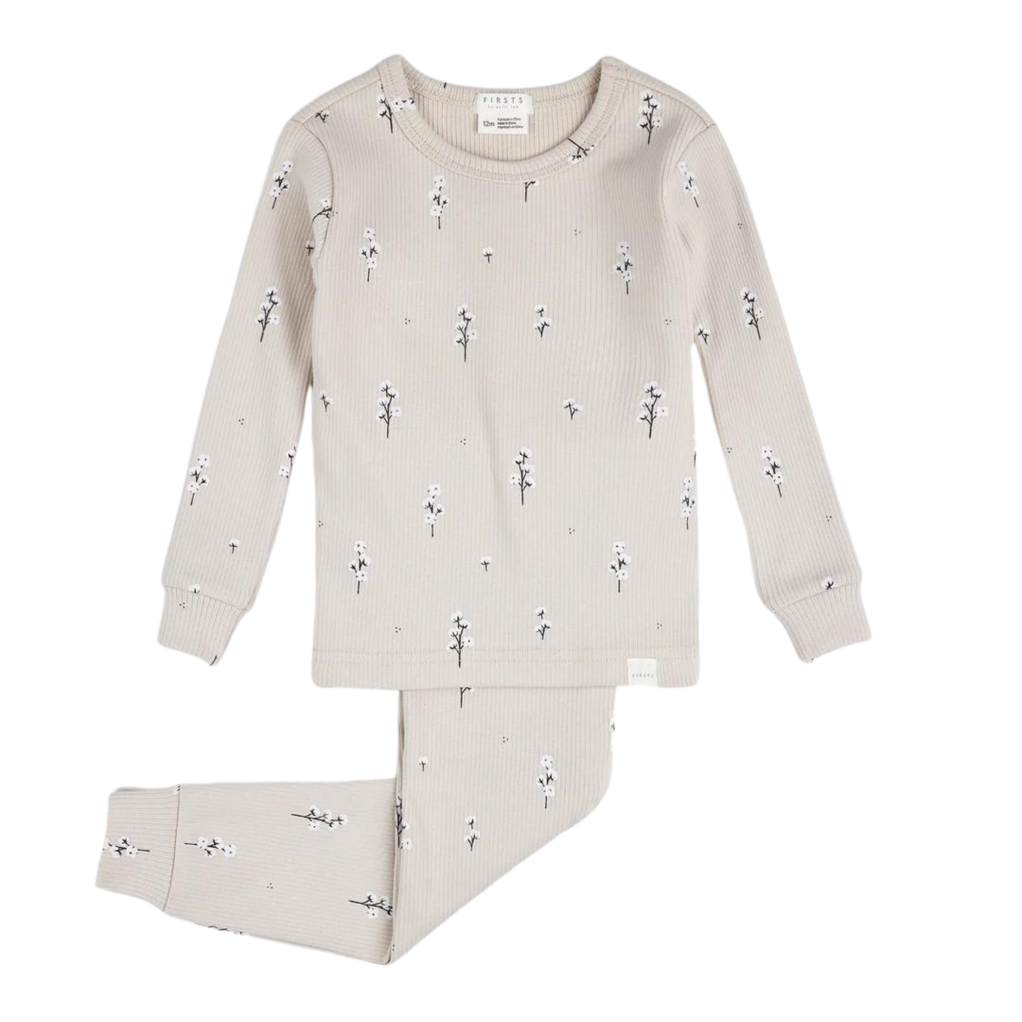 FIRSTS Cotton Flower Print on Creme Ribbed PJ Set