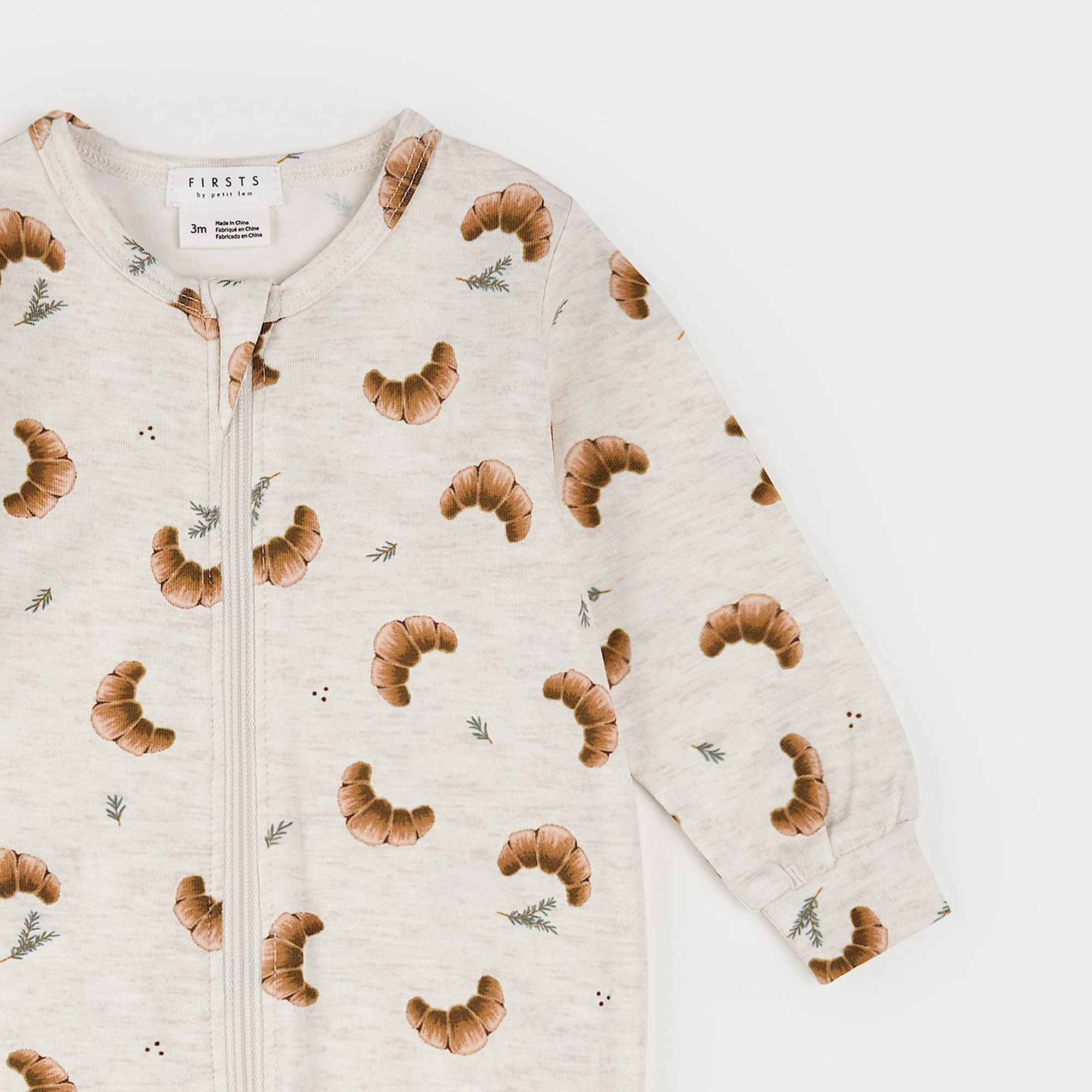 FIRSTS Croissant Print on Heather Oatmeal LunaKnit Sleeper