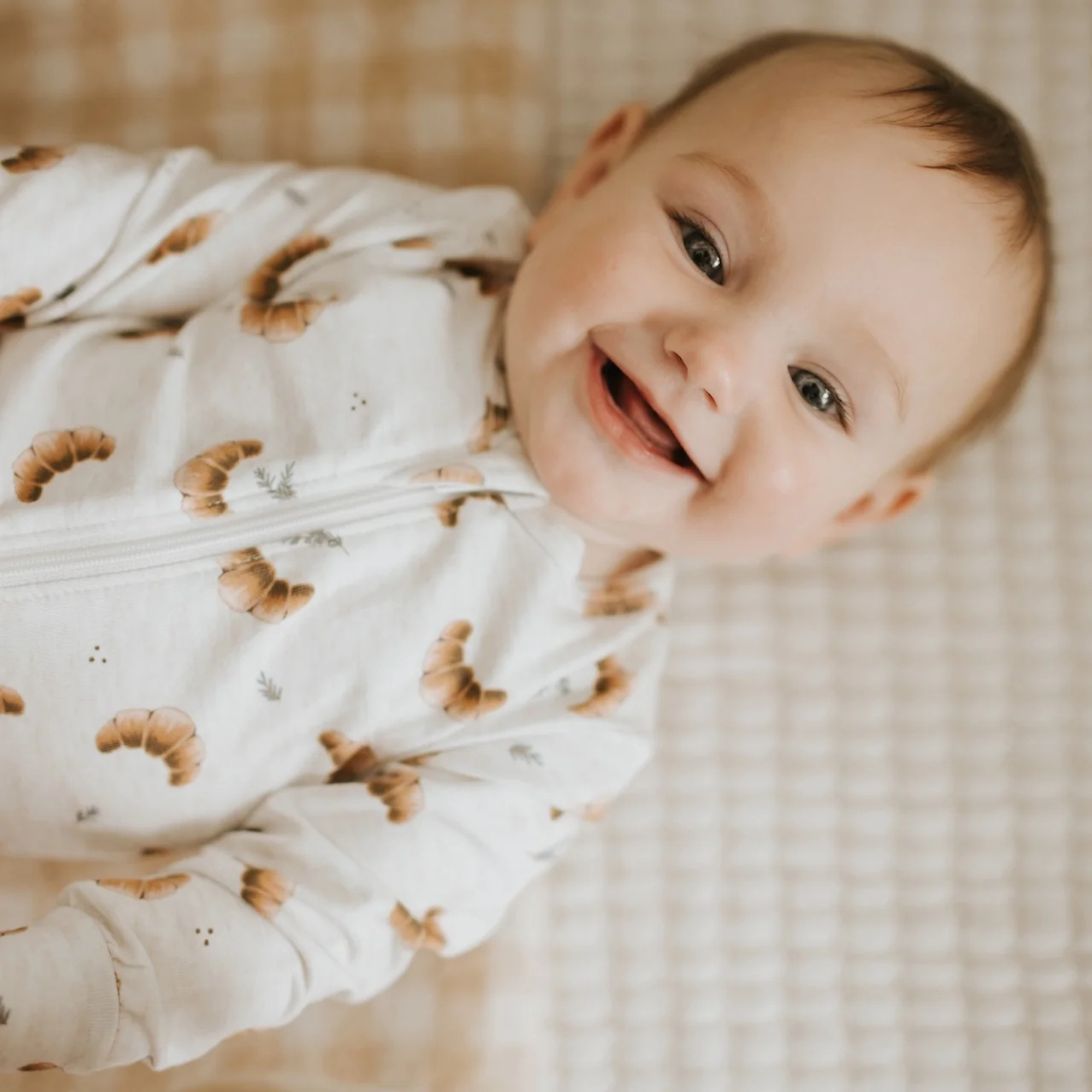FIRSTS Croissant Print on Heather Oatmeal LunaKnit Sleeper