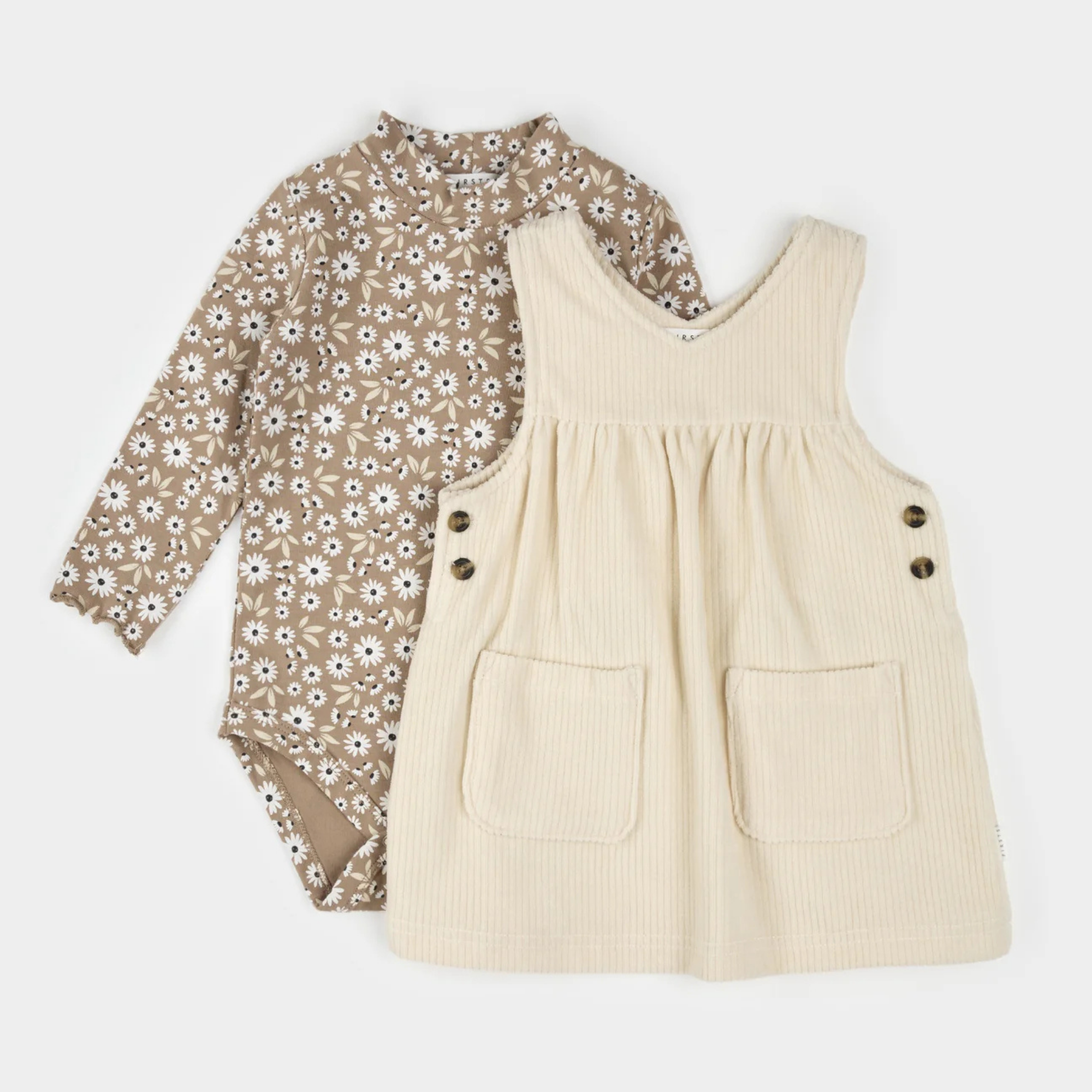 FIRSTS Daisy Print Overall Corduroy Dress  Set
