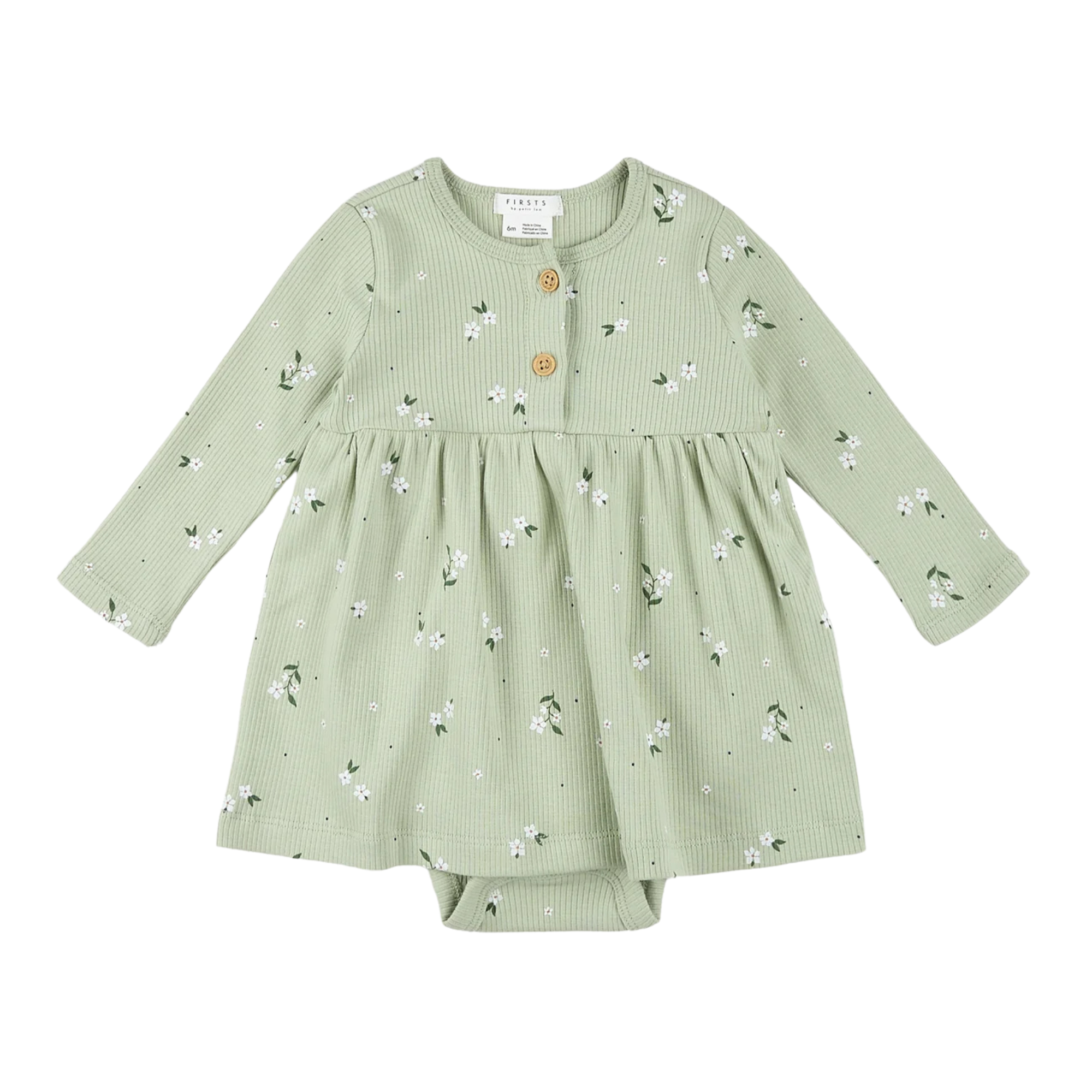 Light green long-sleeve baby dress with small floral print, front buttons, and attached bodysuit for easy changing and a secure fit.
