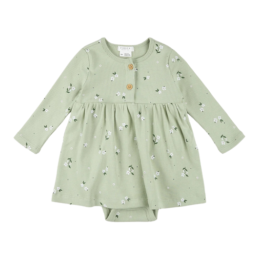 Light green long-sleeve baby dress with small floral print, front buttons, and attached bodysuit for easy changing and a secure fit.