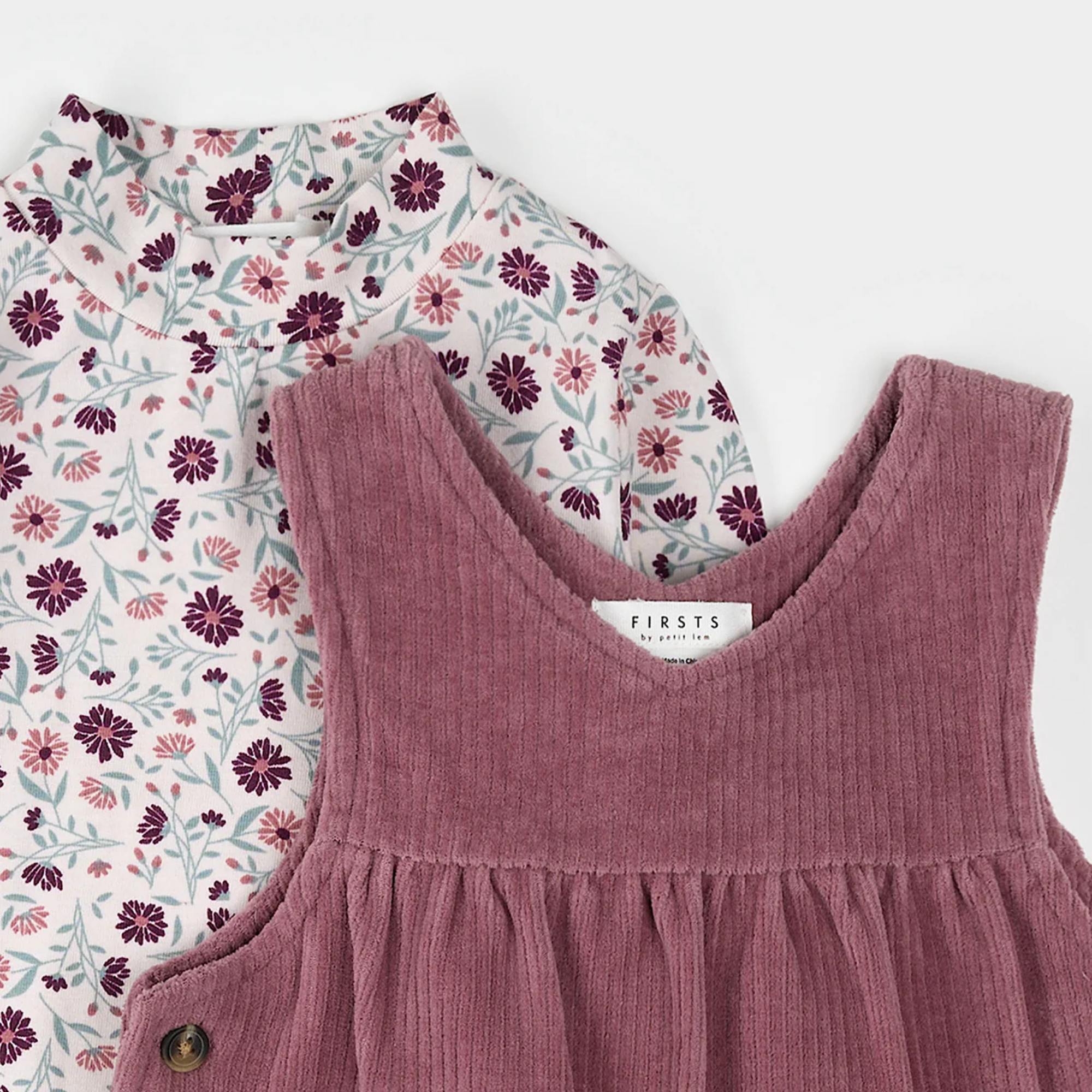 FIRSTS Floral Print Overall Corduroy Dress  Set